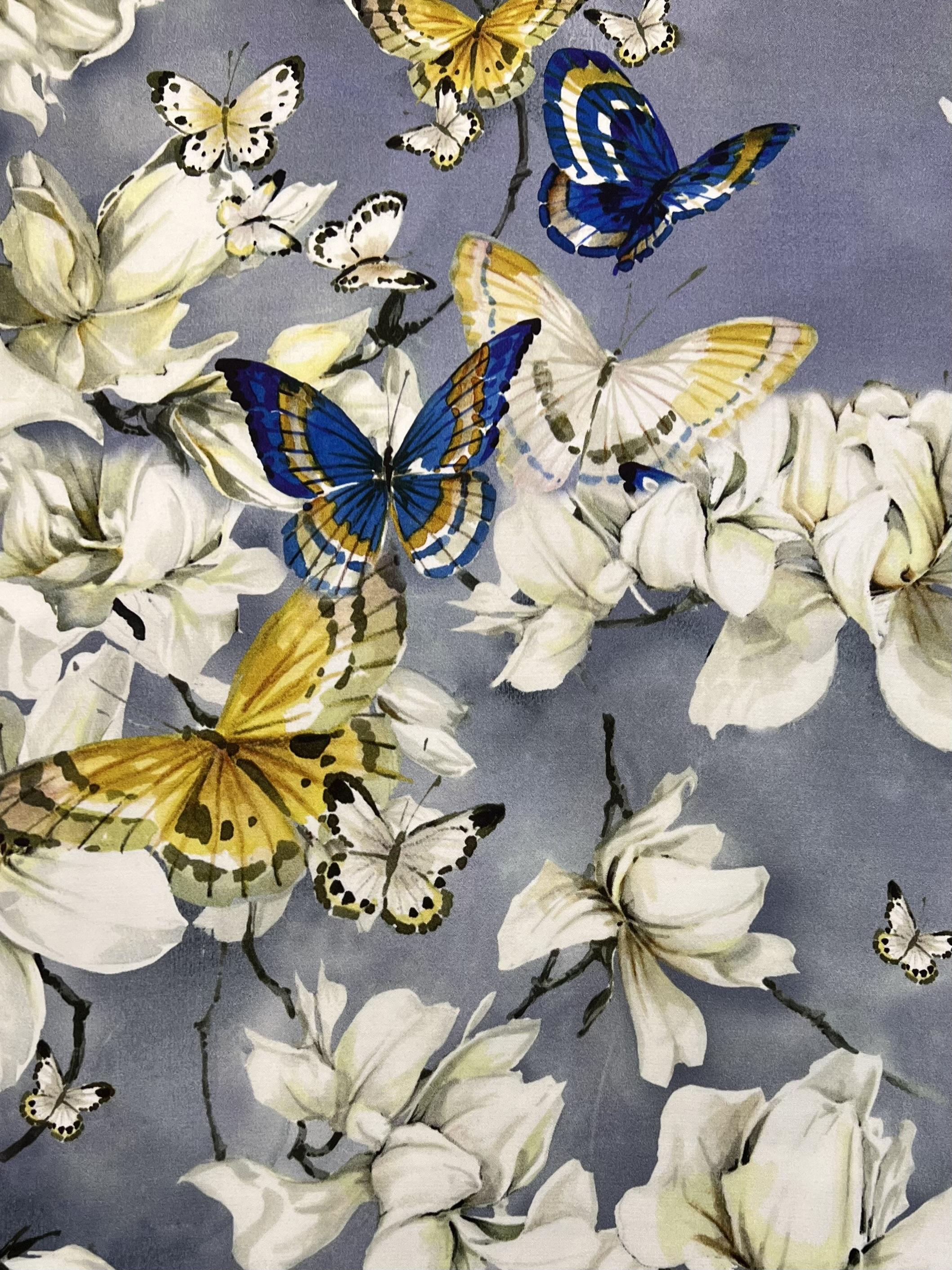 Stretch Polyester Satin Prints "Magnolia Butterfly"