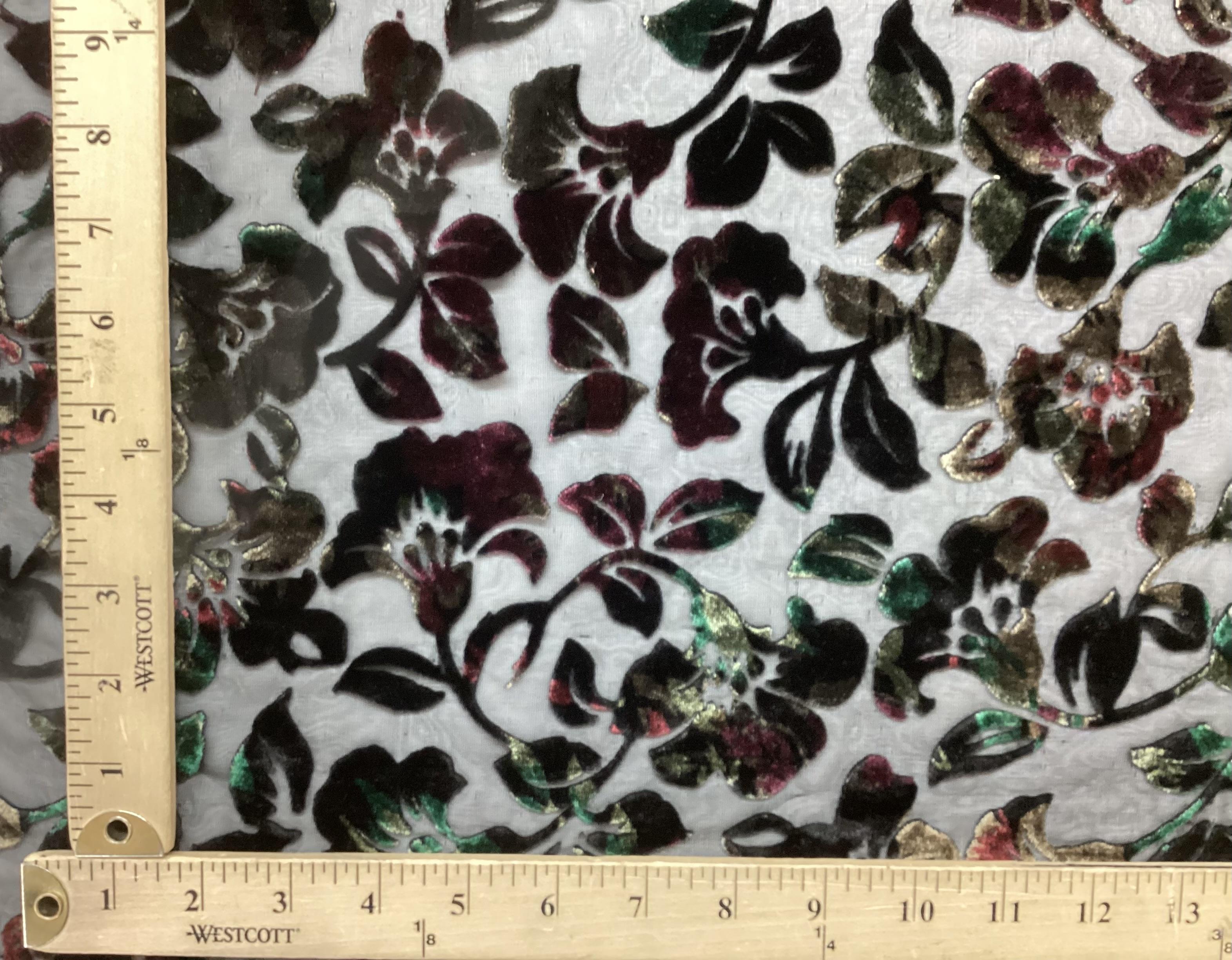 Silk & Rayon Multi Jewel Tone Burn Out Velvet On Black Silk Chiffon 