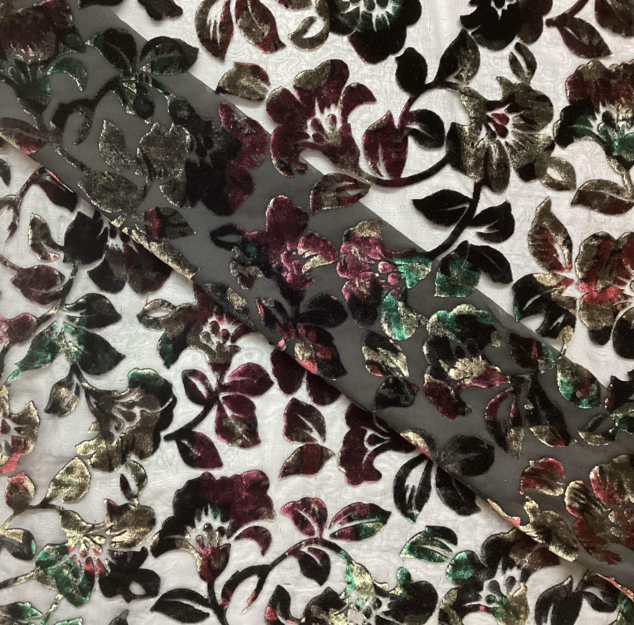 Silk & Rayon Multi Jewel Tone Burn Out Velvet On Black Silk Chiffon 