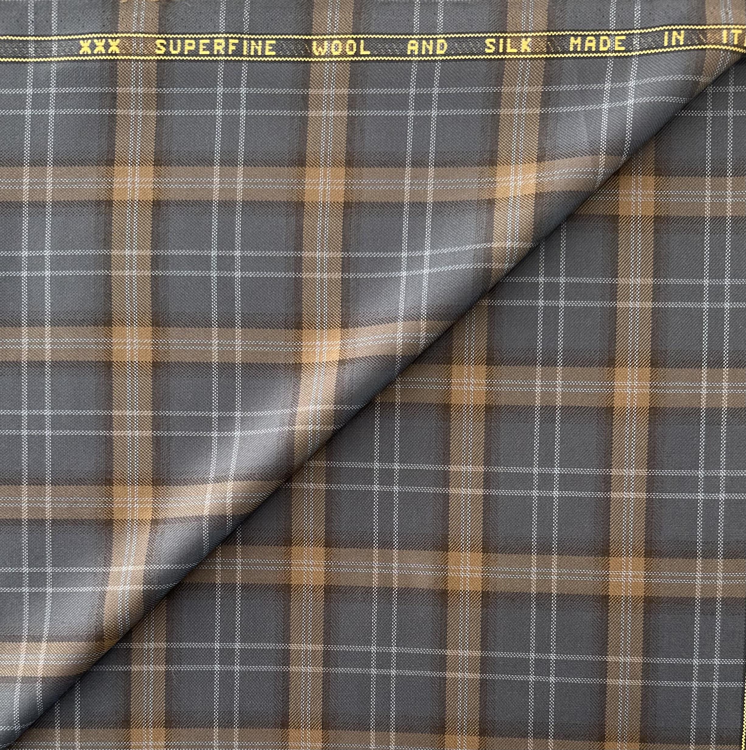 Italian Superfine Wool and Silk Windowpane Jacketing in Charcoal Cocoa