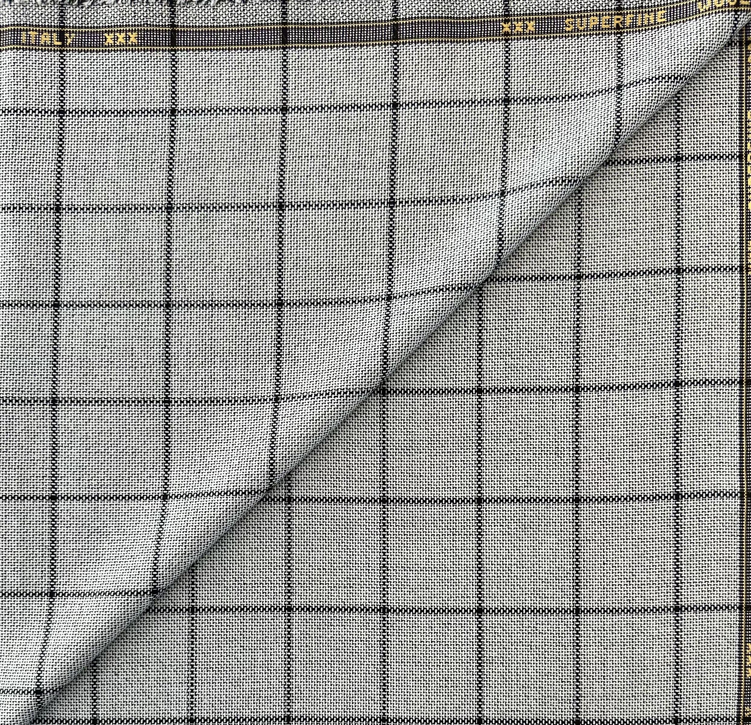Italian Superfine Wool and Silk Windowpane Jacketing in Pearl Grey Black