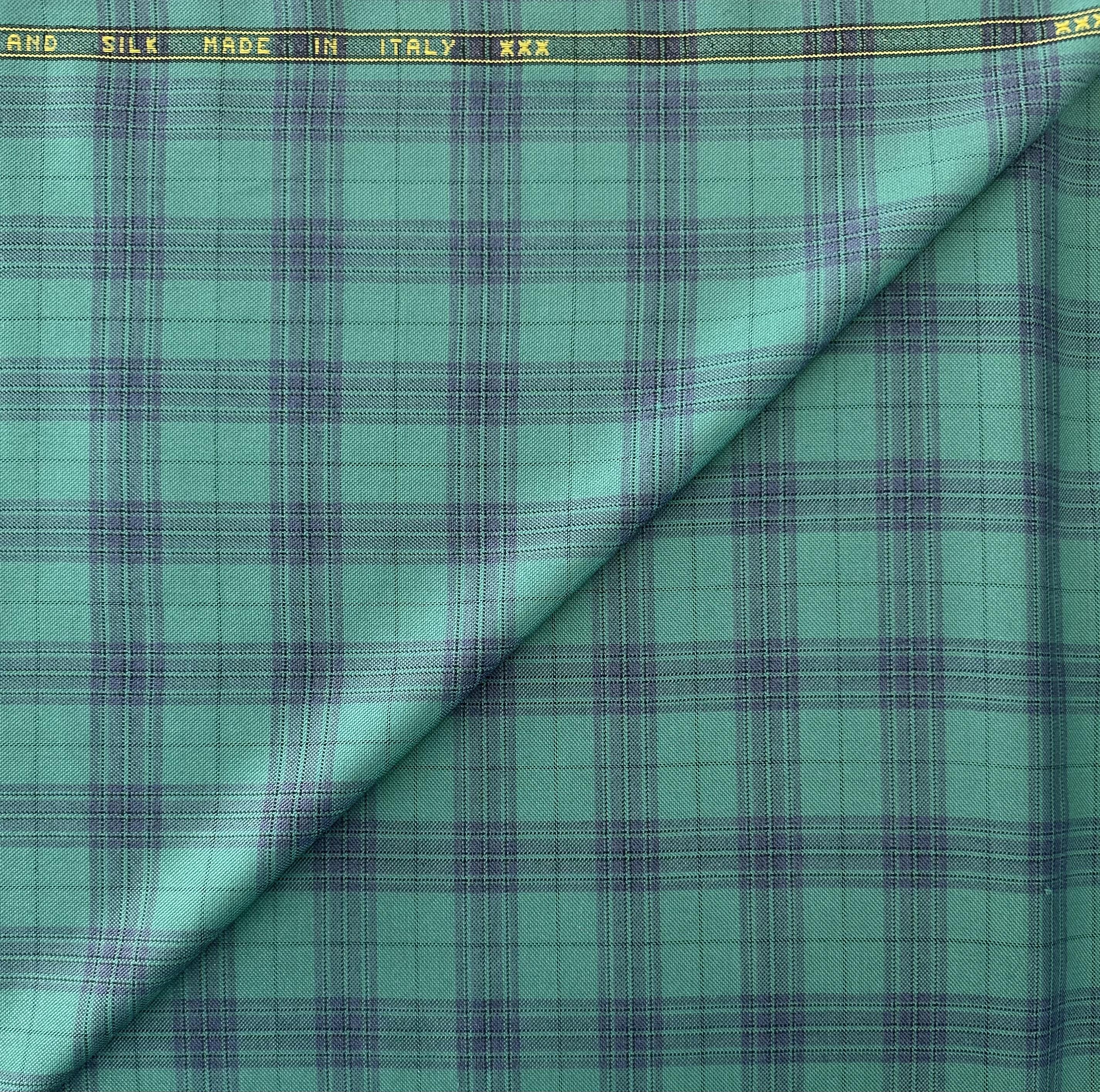 Italian Superfine Wool and Silk Plaid Jacketing in Emerald Indigo