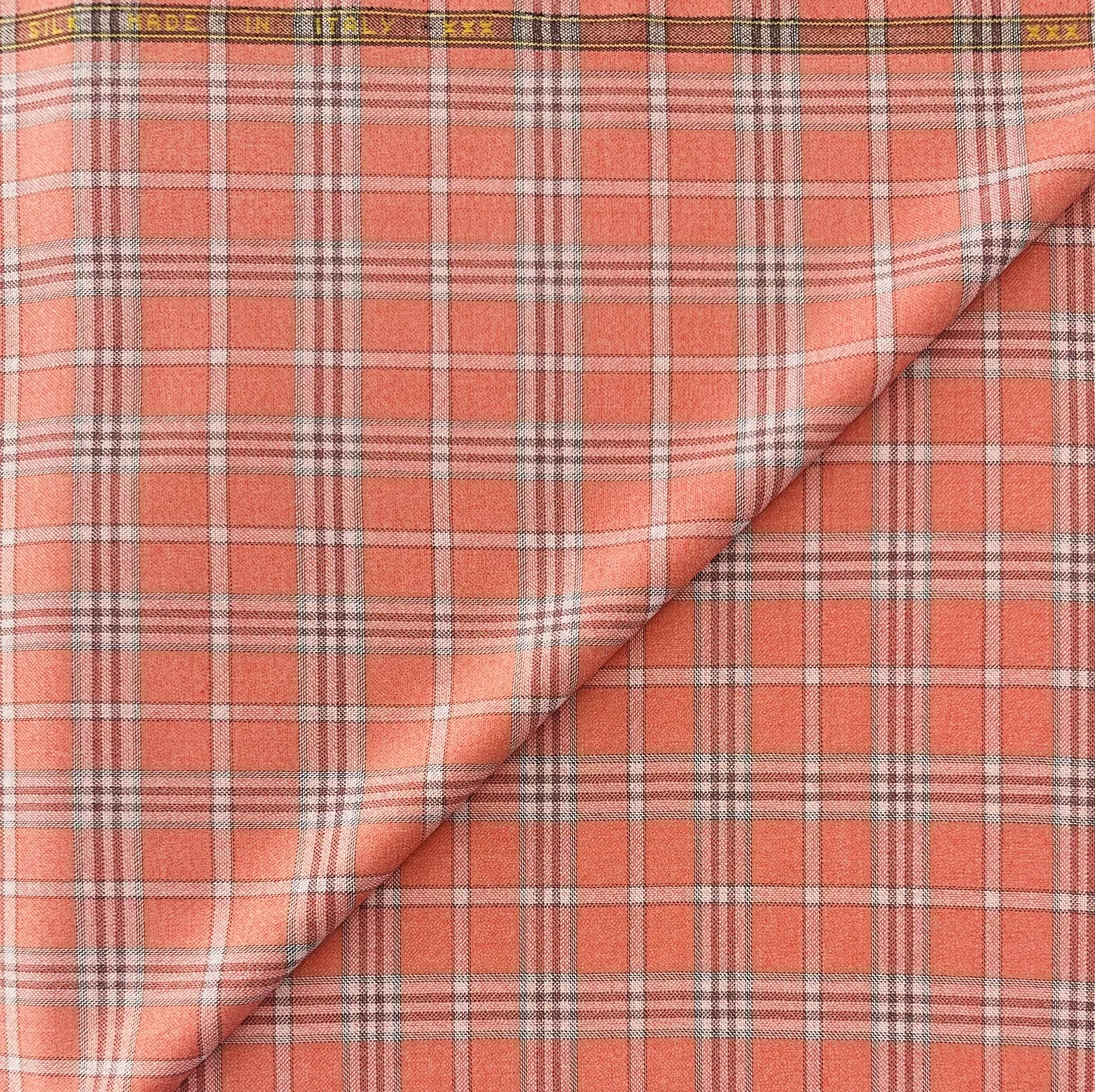 Italian Superfine Wool and Silk Plaid Jacketing in Coral Off White