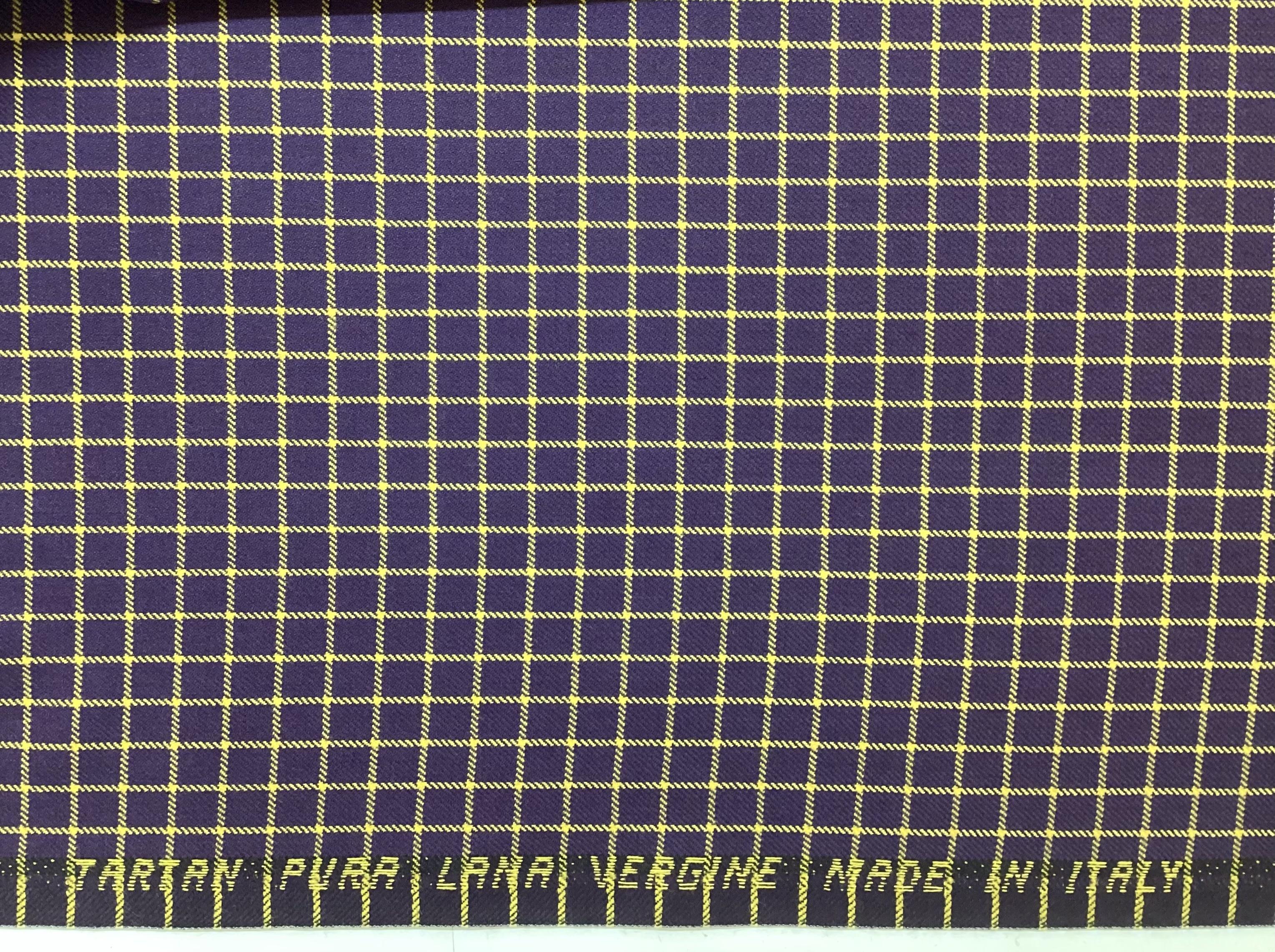 Made in Italy 100% Wool Windowpane In Golden Yellow On Eggplant 