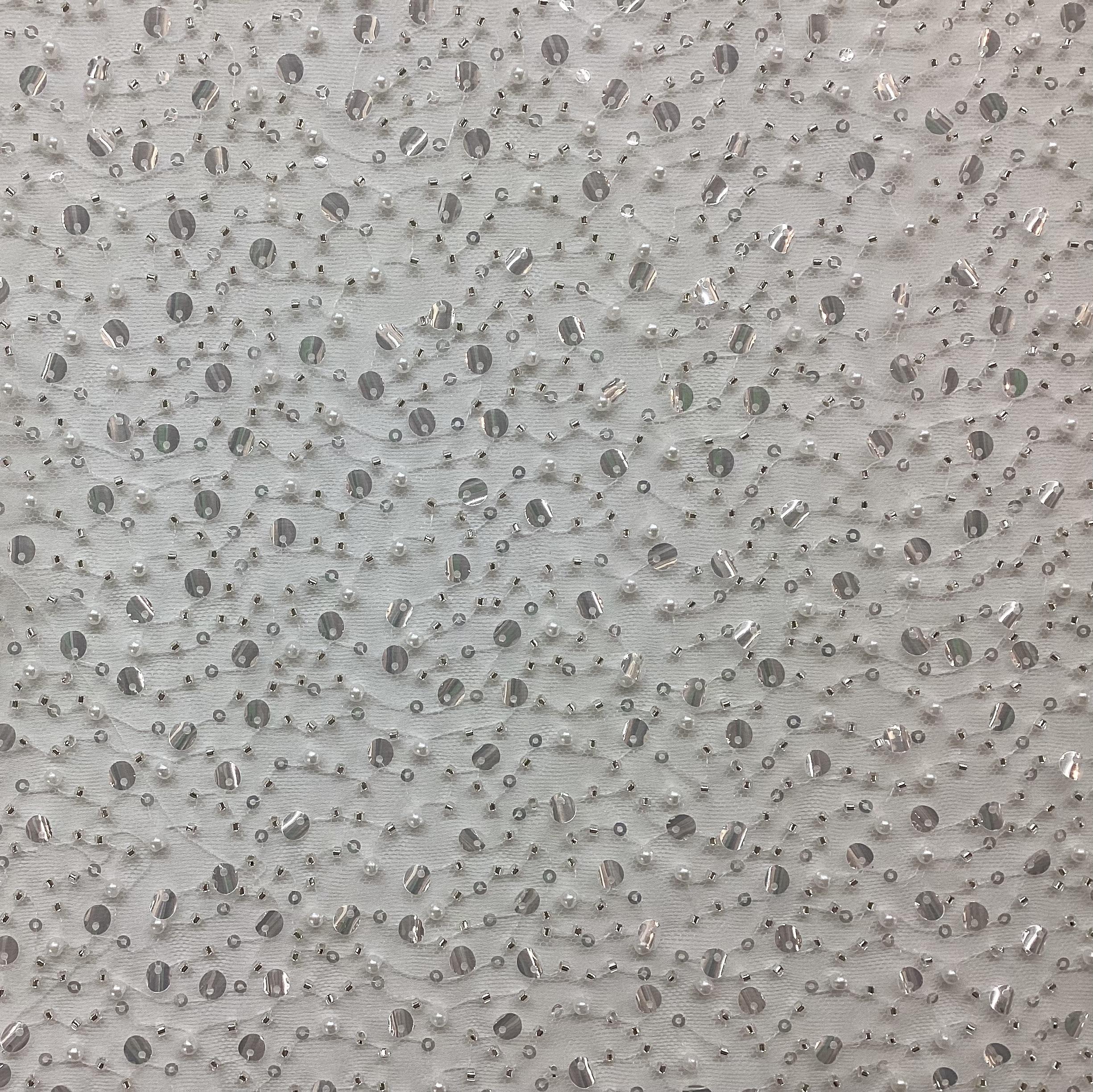 Sequined Beaded Tulle in White