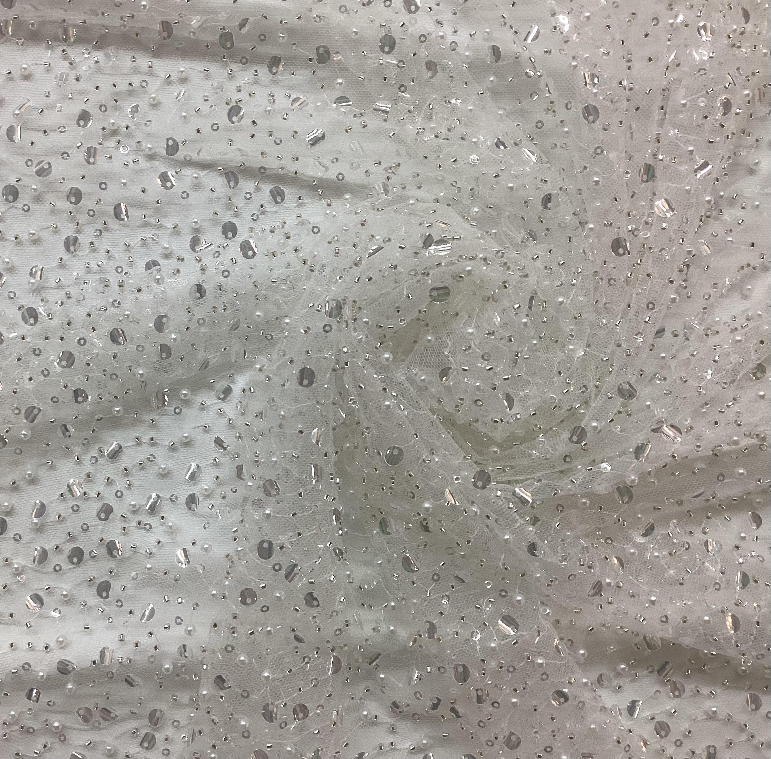 Sequined Beaded Tulle in White