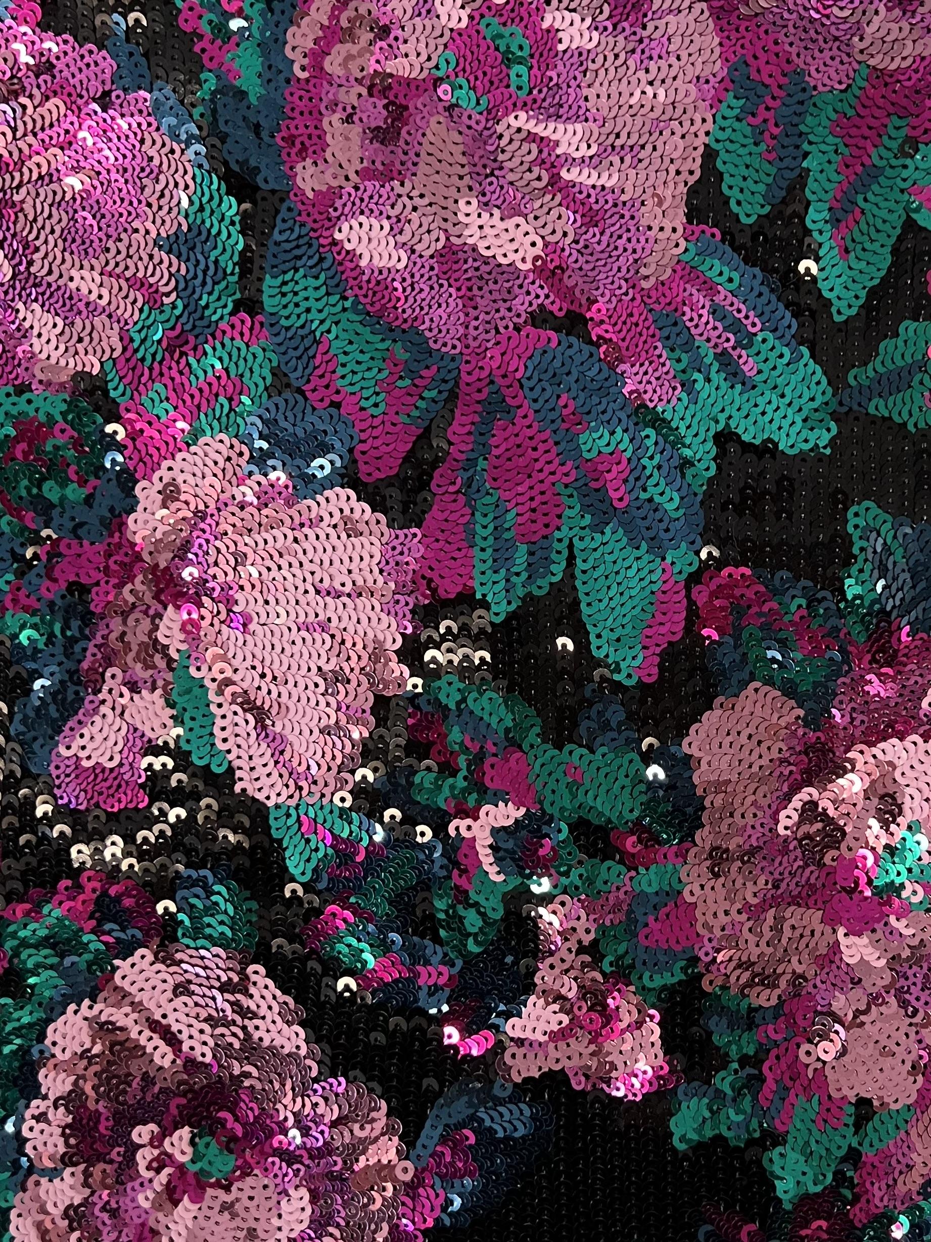 Floral Sequins on Black Polyester Chiffon