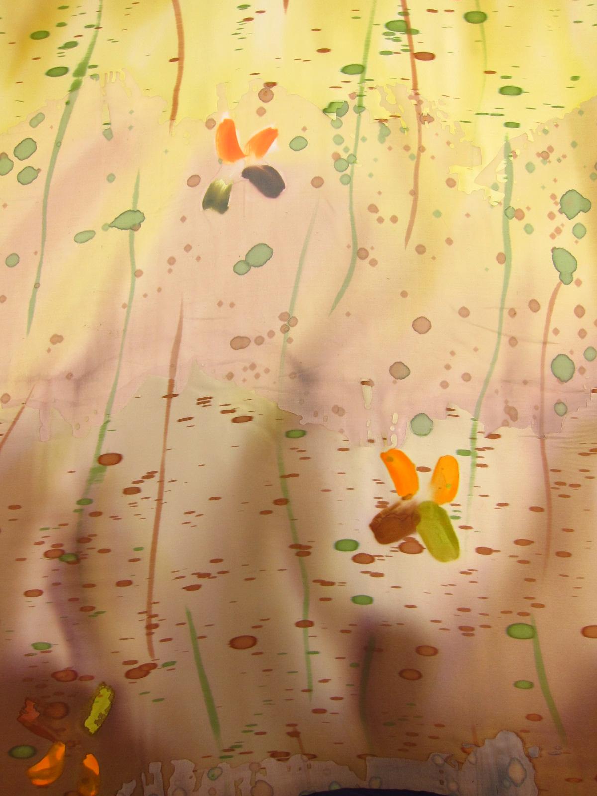 Tie Dye Burn Out Silk Chiffon Multicolor Dot Green Brown Stripes On Yellow Orange Brown Purple Background