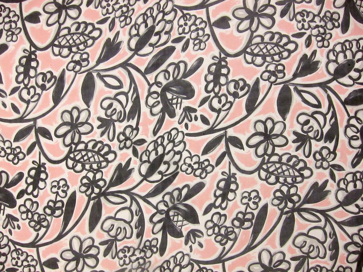 Printed Silk Chiffon Black Grey White Florals On White Pink Background