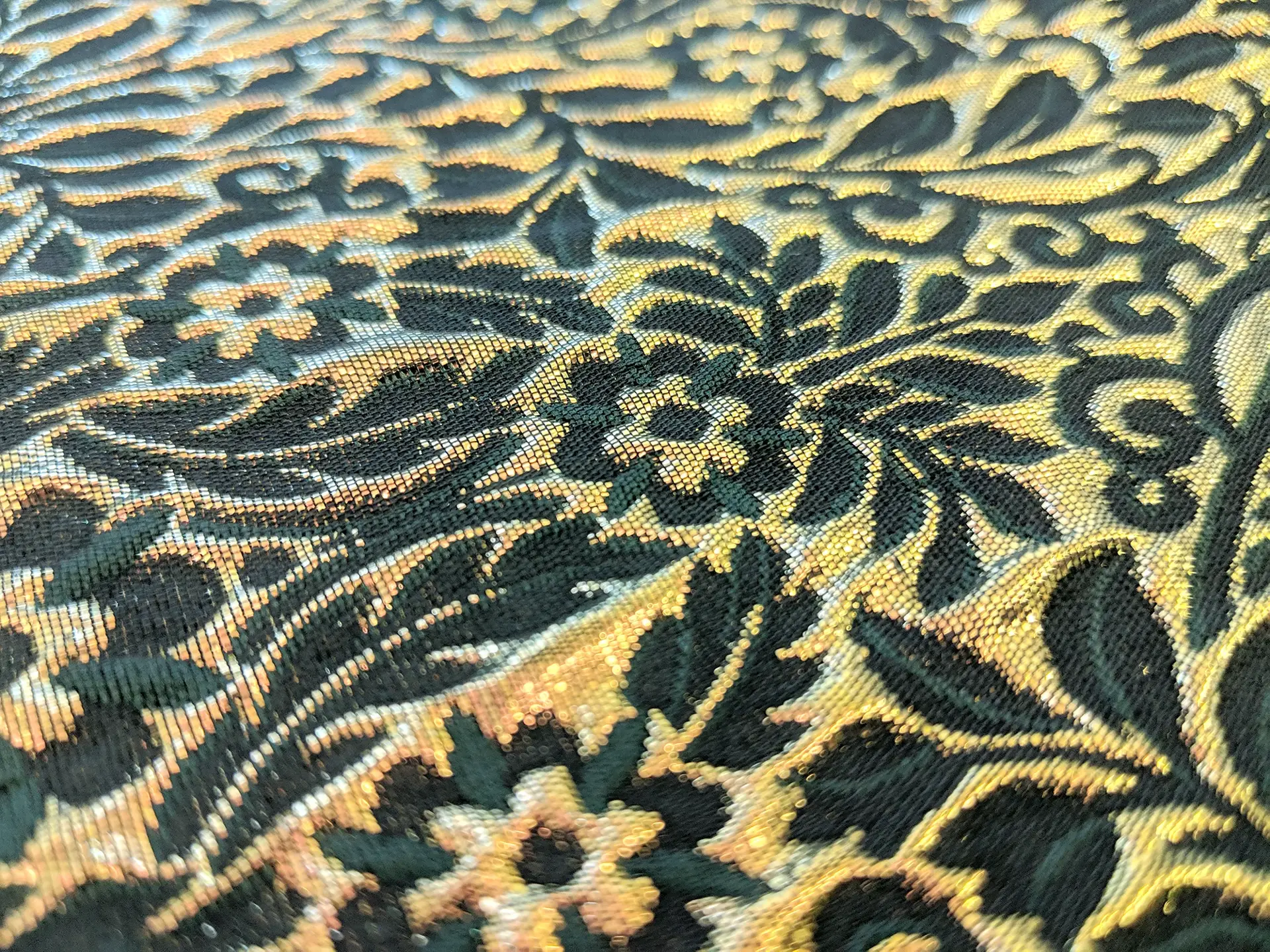 Metallic Brocade with Heavy Floral Ornamentation with Dark Green Accents