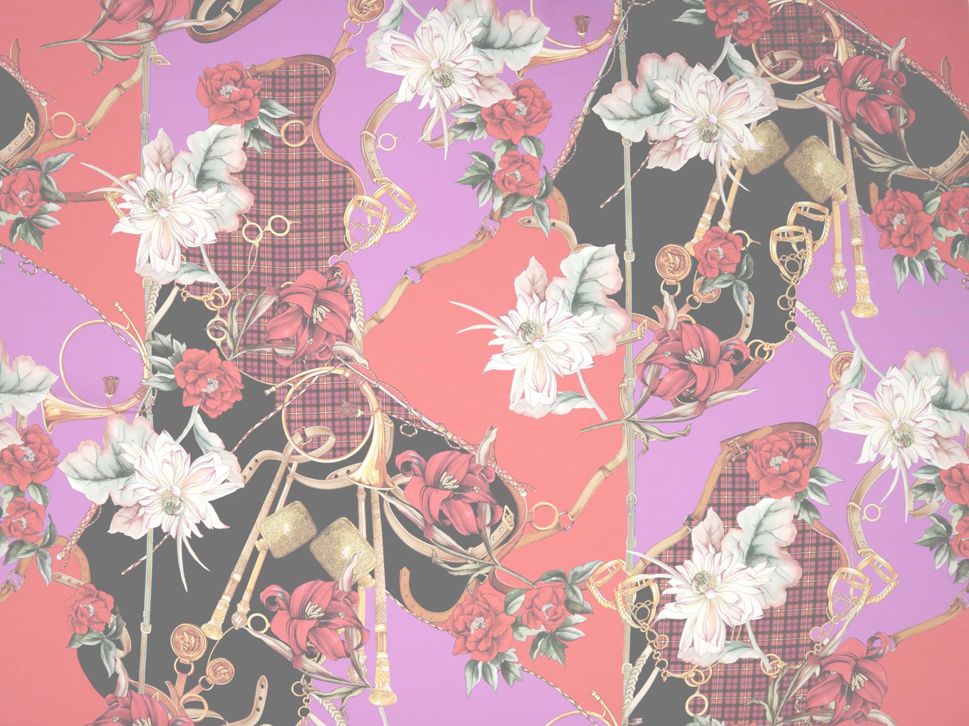 Printed Silk Chiffon with Florals, Belts, and Chains Abstract On Pink Purple Red Black Background