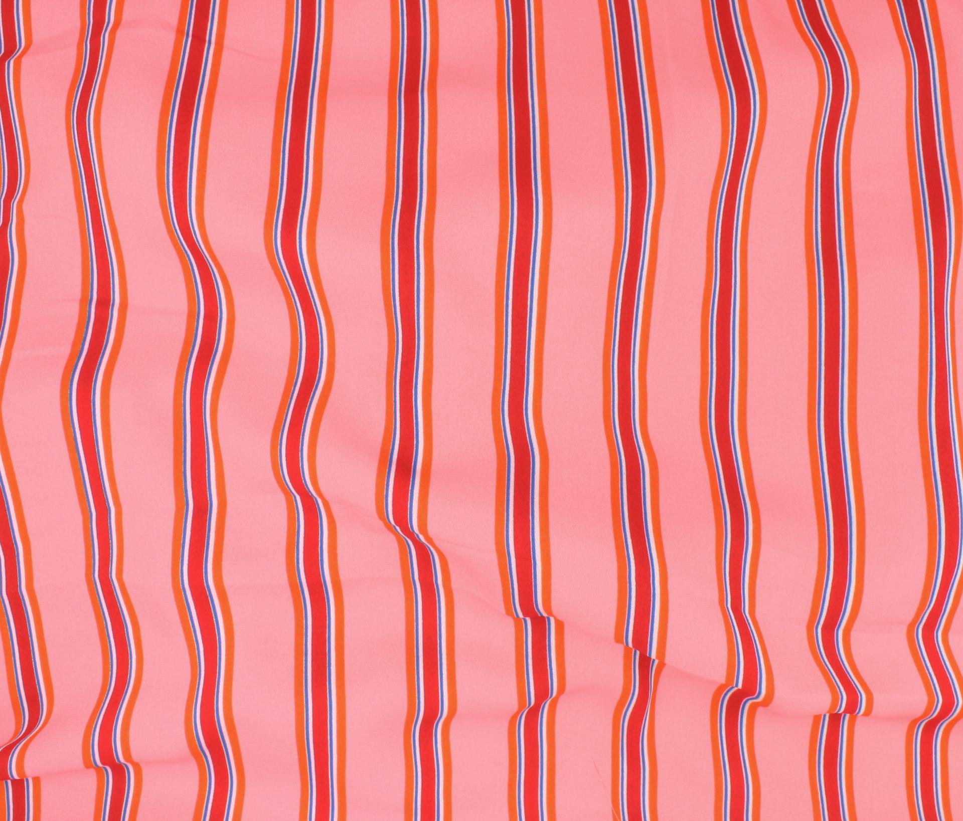 Printed Striped Polyester Crepe in Coral & Red