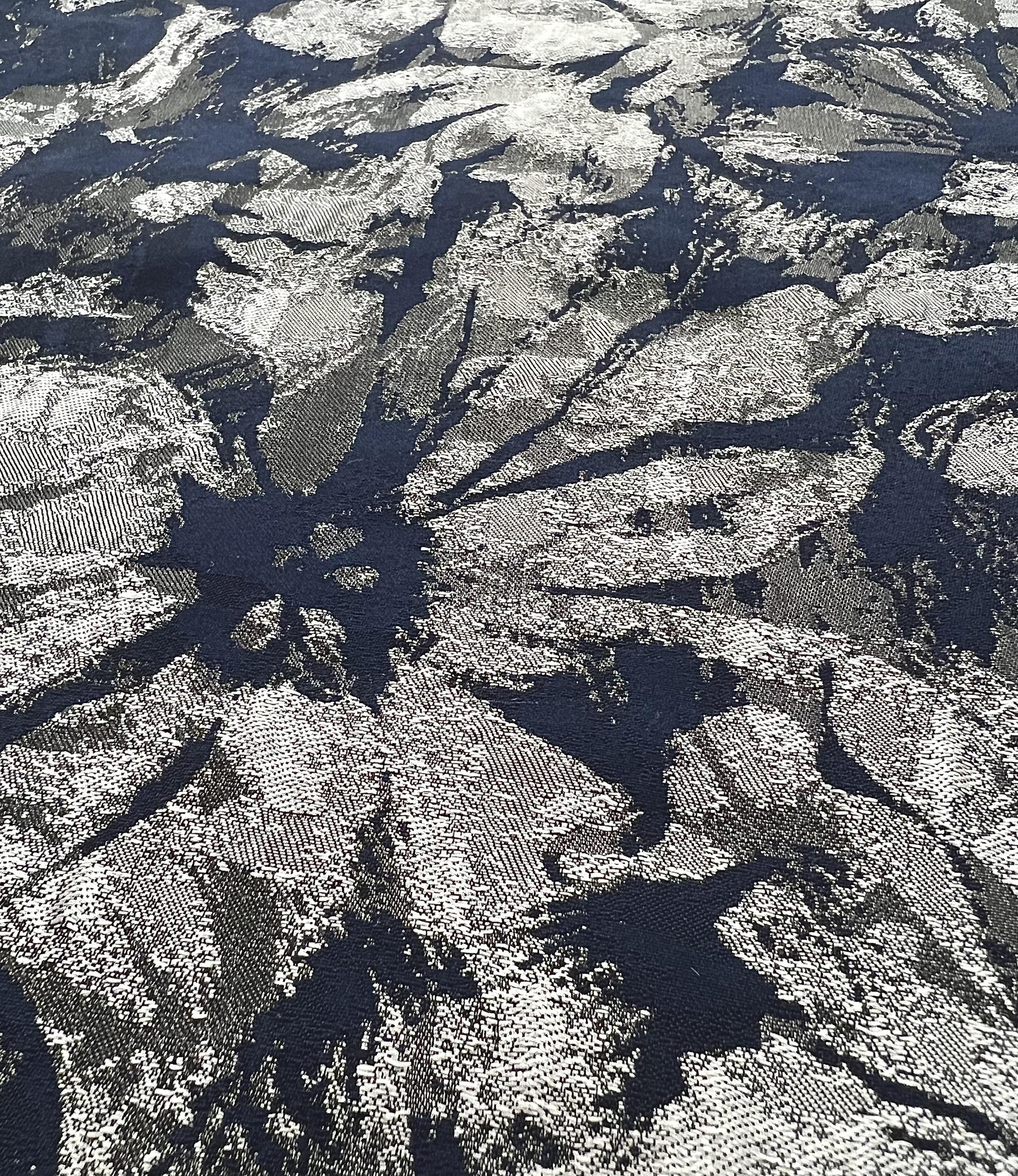 Polyester Jacquard Brocade in Navy & Silver