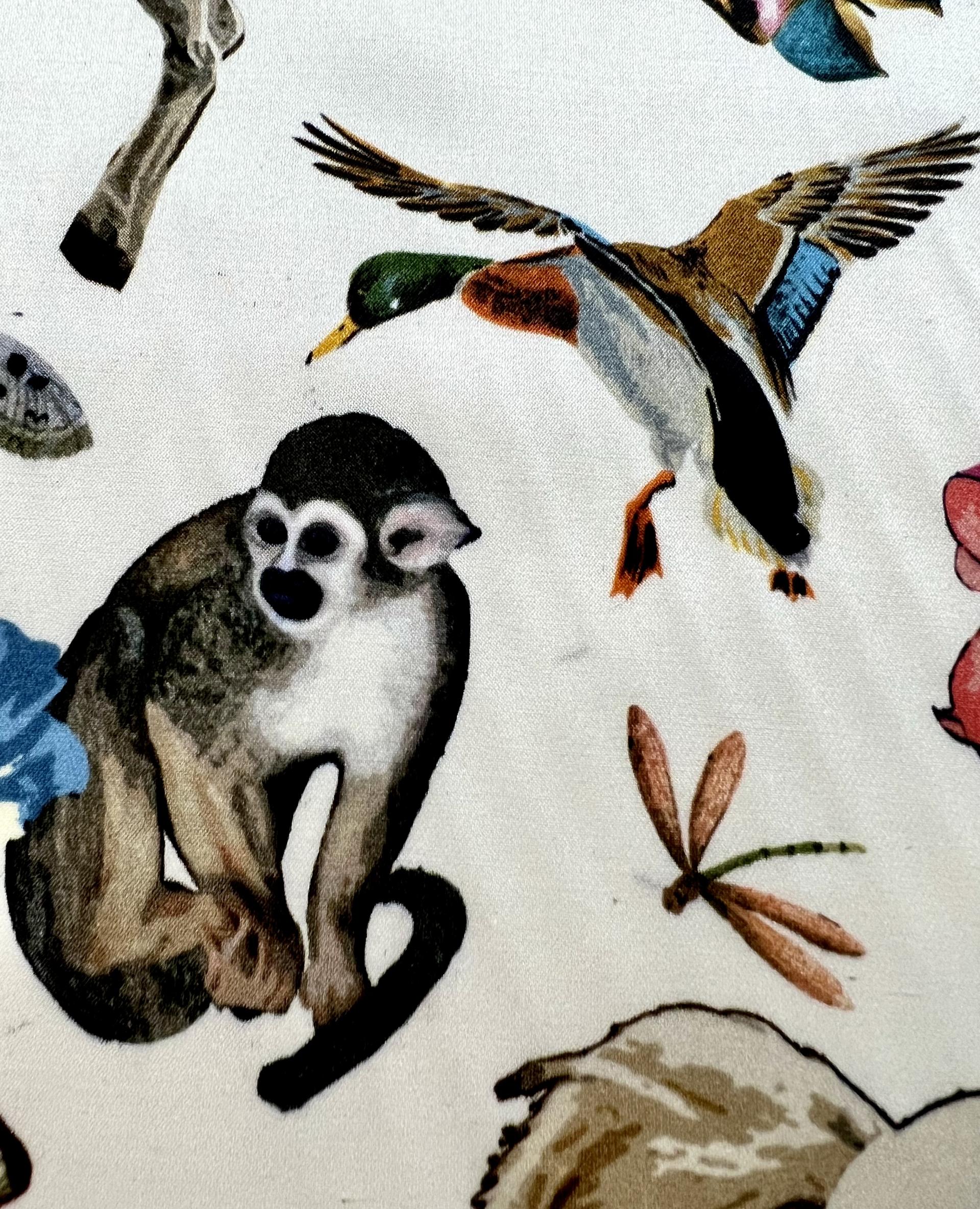 MADE IN ITALY SILK//COTTON/SPANDEX MONKEY PRINTED CHARMEUSE ANIMAL FLORAL ON WHITE GREY BACKGROUND