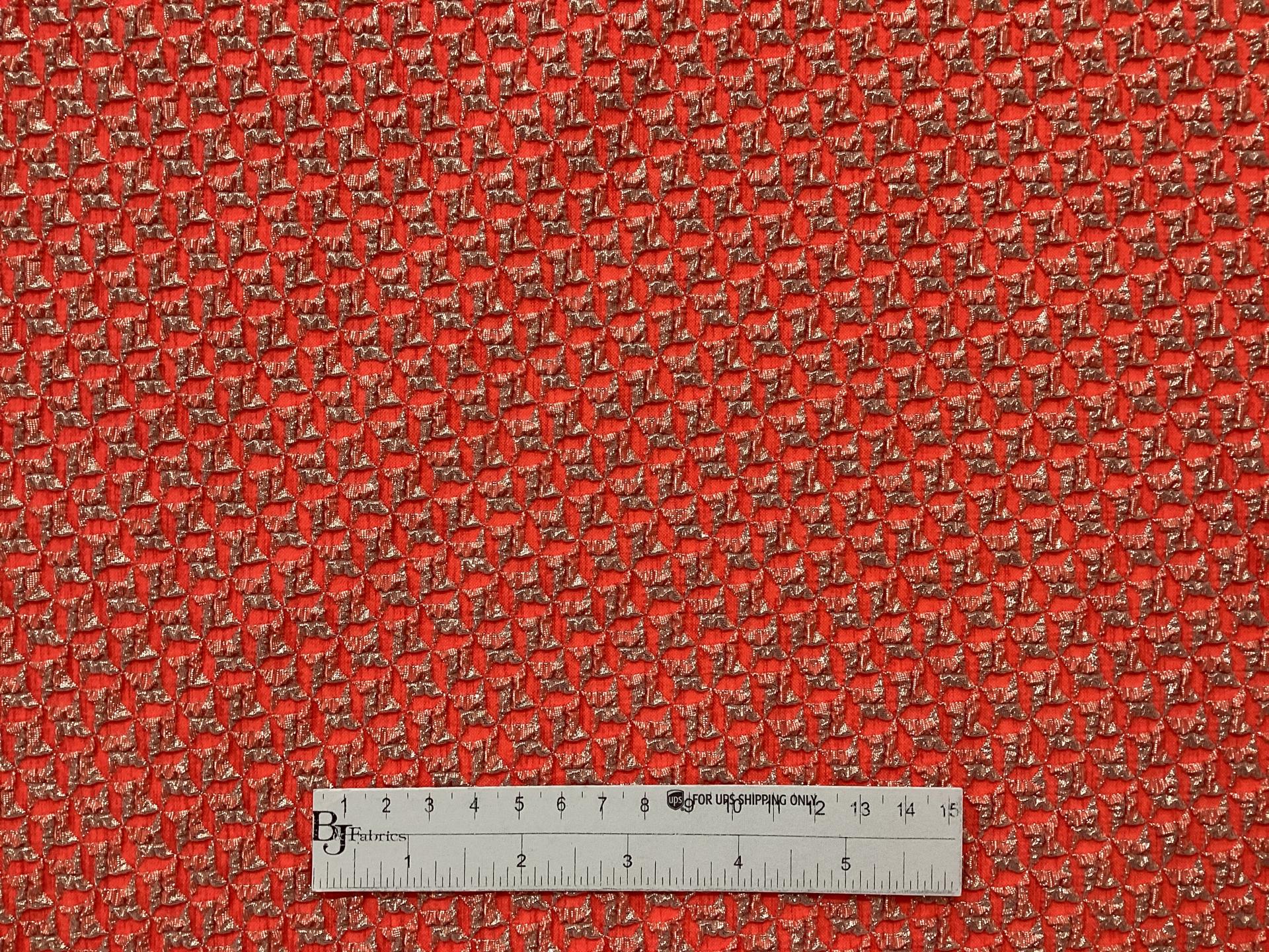 Polyester Nylon Metallic Stretch Brocade In Lt Gold & Fl Orange