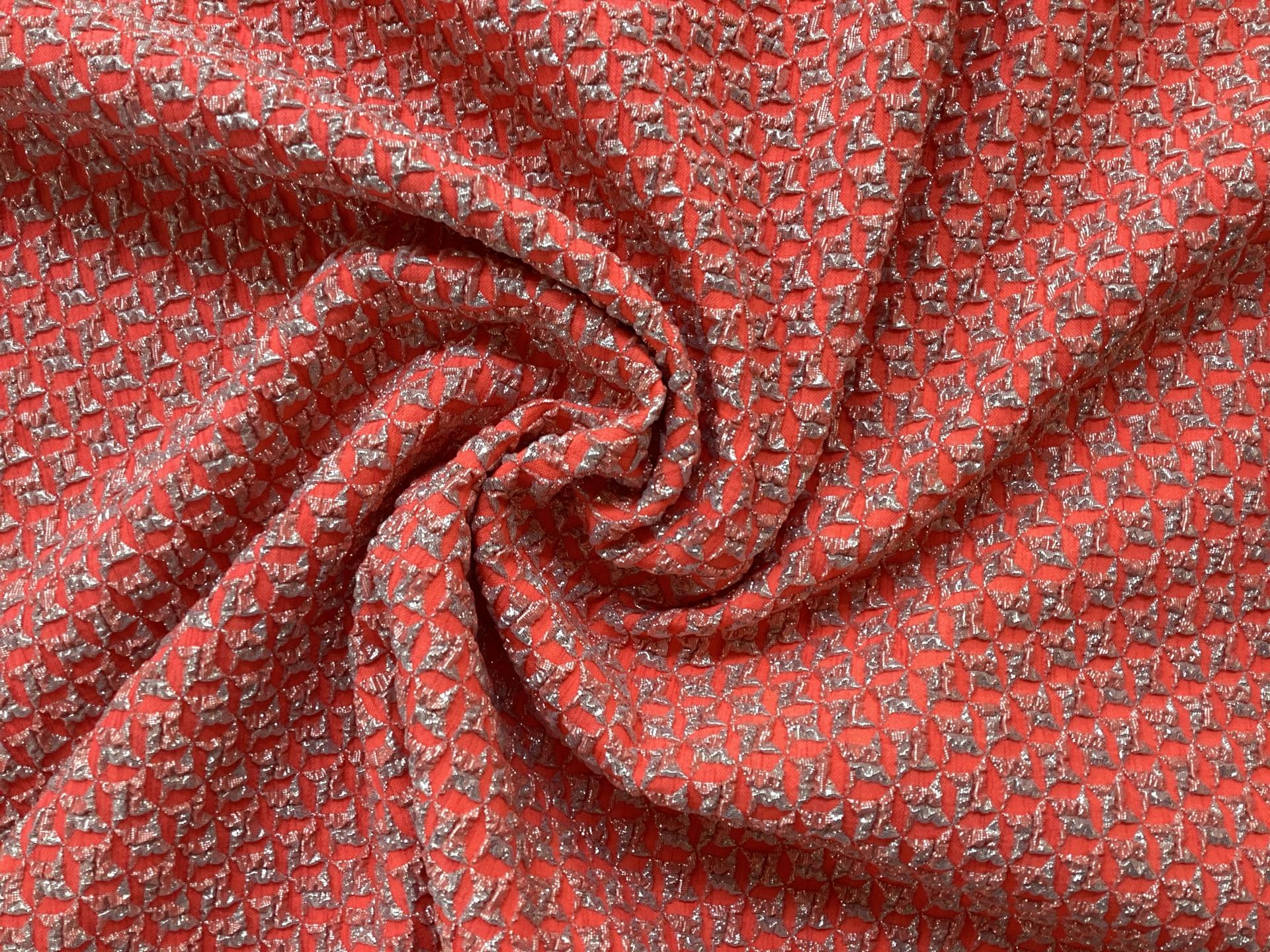 Polyester Nylon Metallic Stretch Brocade In Lt Gold & Fl Orange