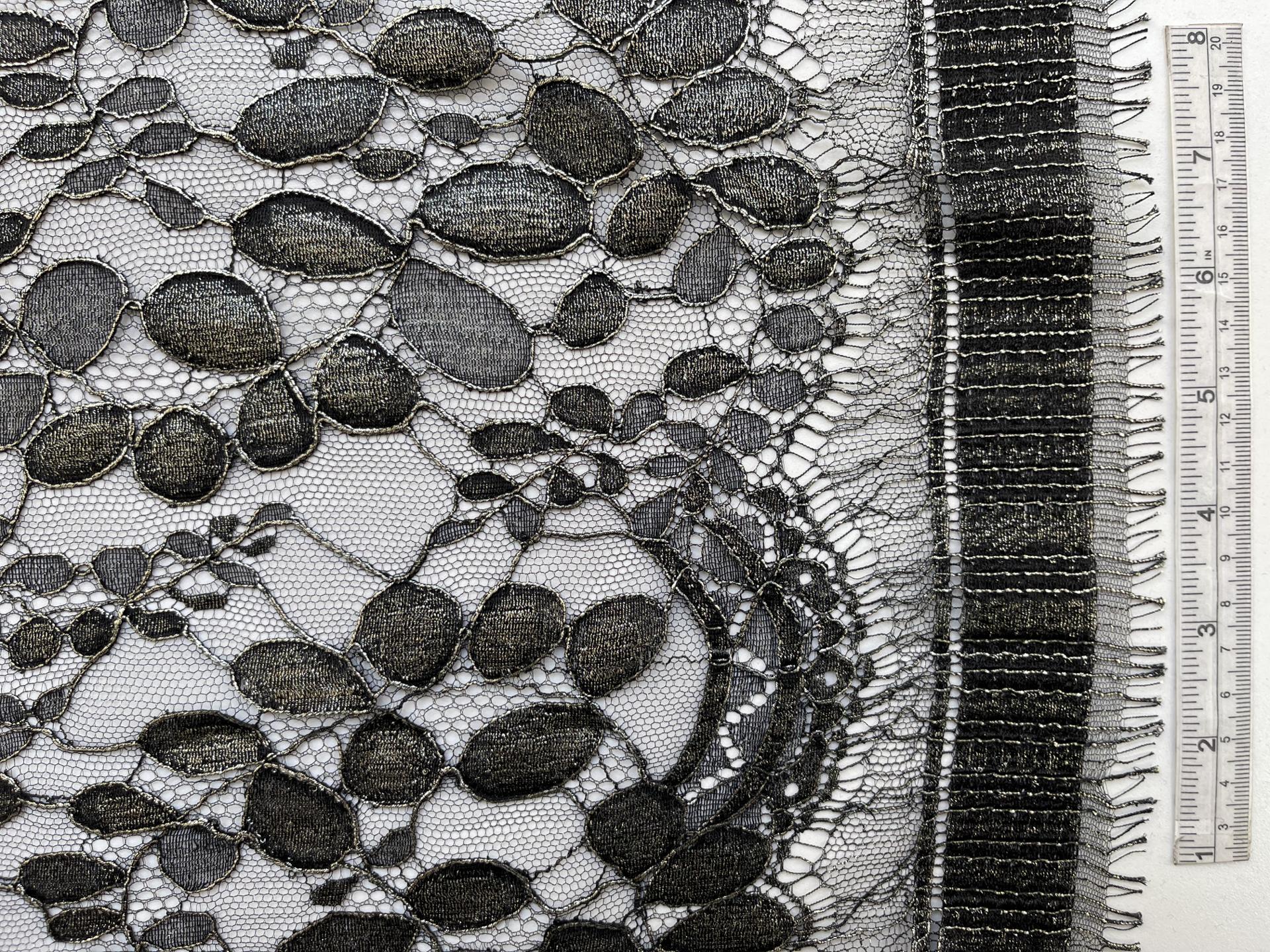 Made in France Pewter Metallic Painted Black Chantilly Lace of "Black Locust Leaf" Pattern