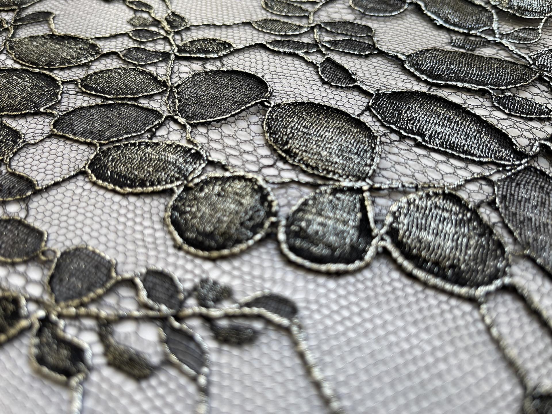 Made in France Pewter Metallic Painted Black Chantilly Lace of "Black Locust Leaf" Pattern