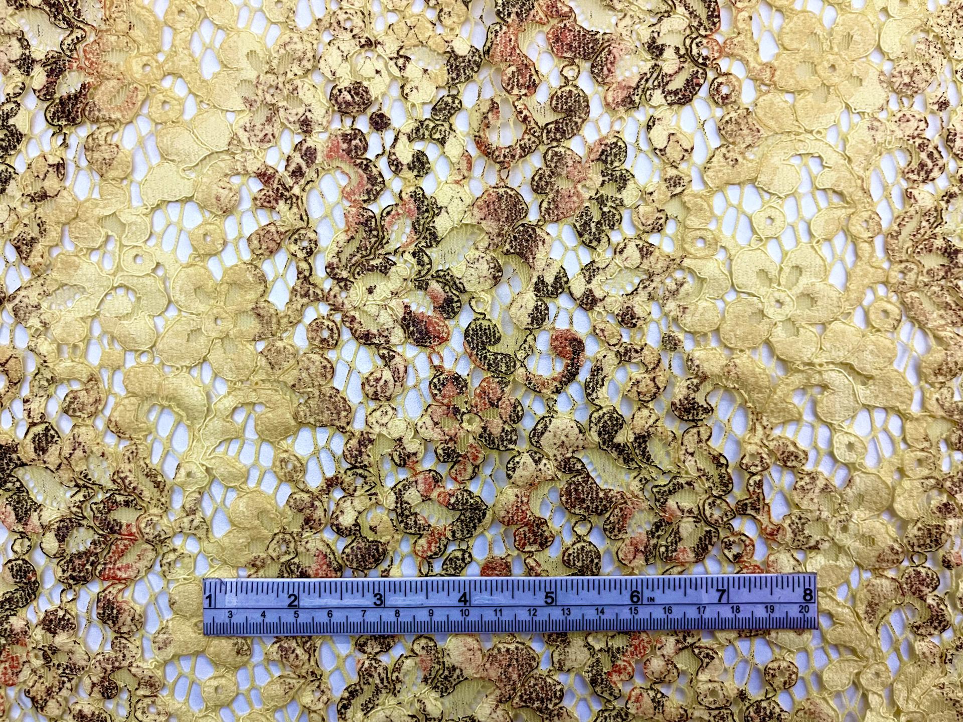 Made in France Printed/Coated Re-embroidered Lace of Calibrachoa Floral Pattern in Yellow, Orange and Brown Colors