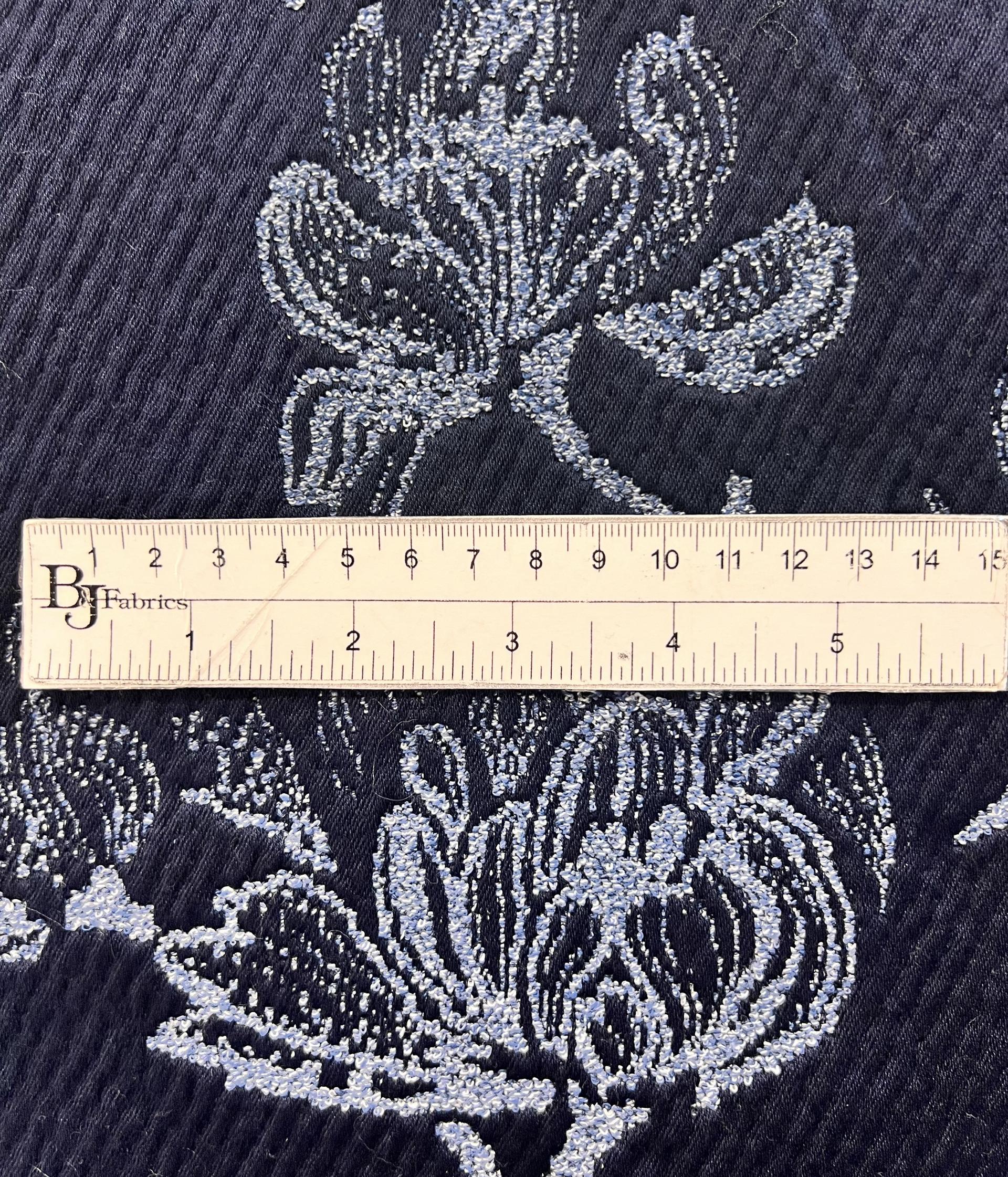 Italian Cotton Blend Brocade Magnolia on Navy Ground