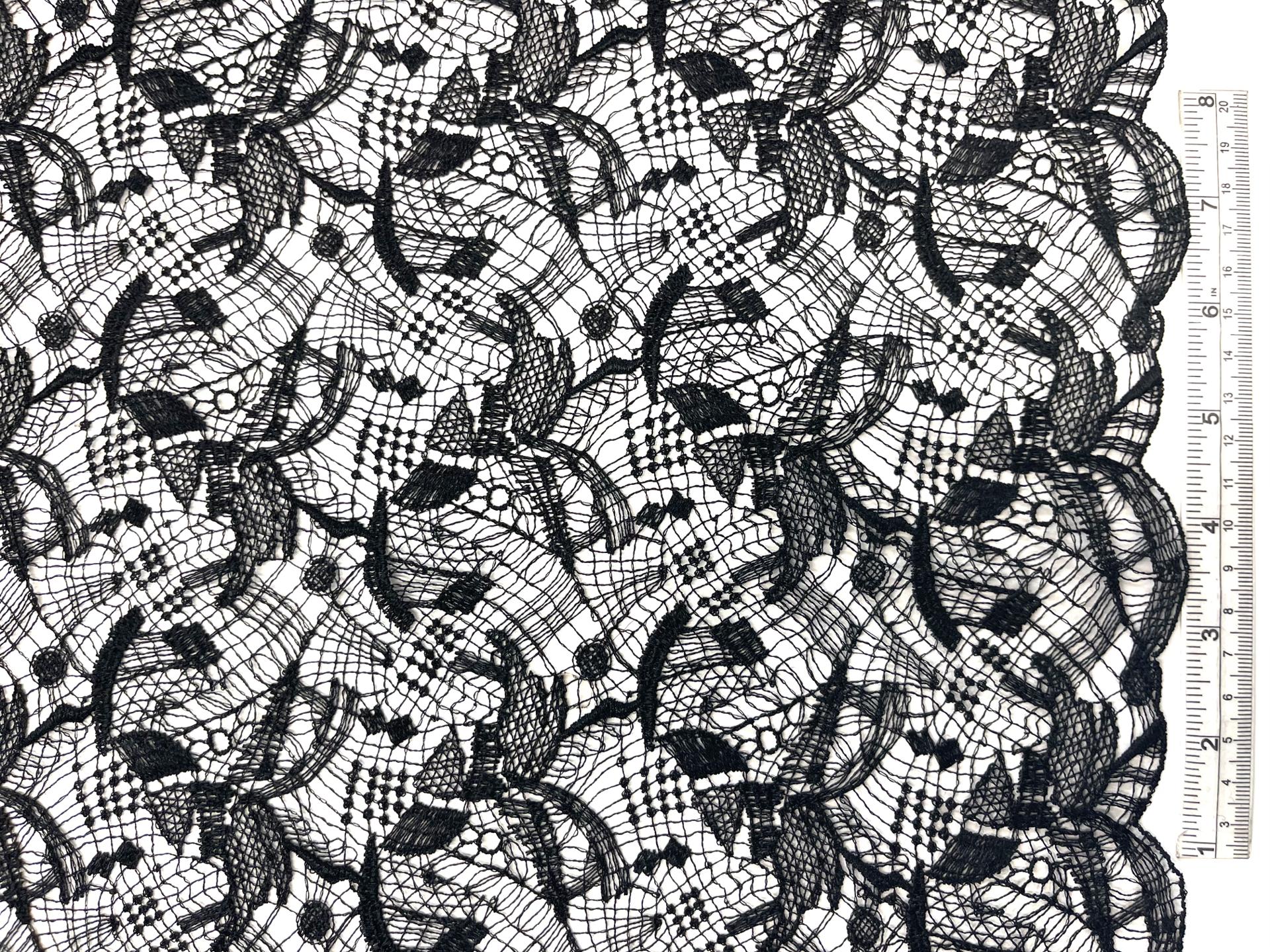 Single Scalloped Black Embroidered Lace in Artisan Brush Stroke Pattern