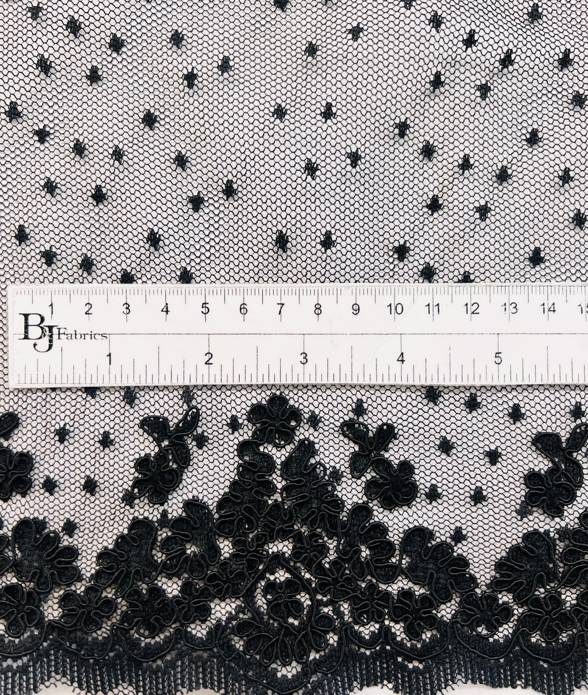 Embroidered Dotted Tulle in Black Double Scallops