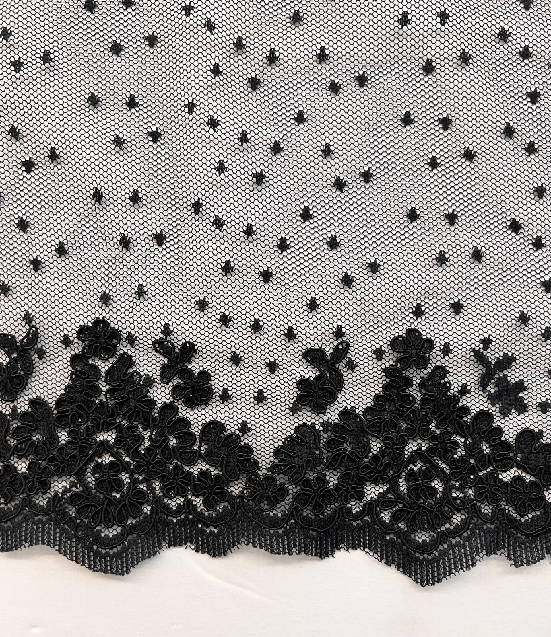 Embroidered Dotted Tulle in Black Double Scallops