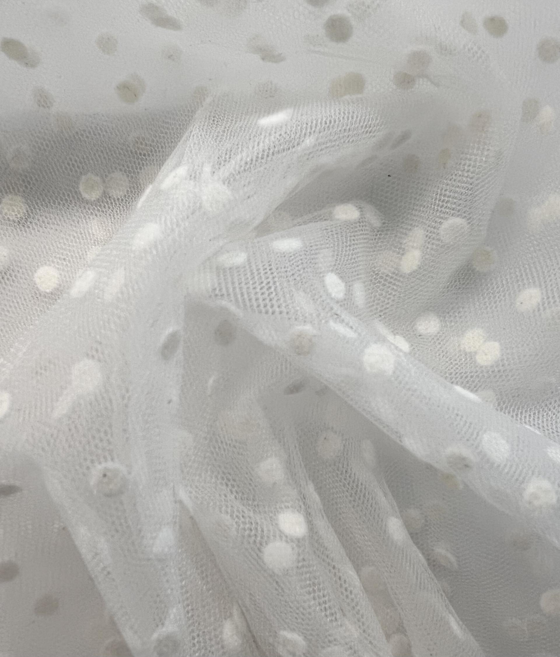 Flocked Nylon tulle in White with White Dots