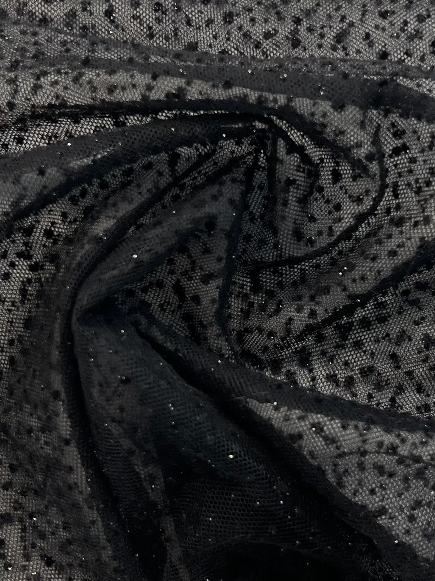 Micro Flocked & Glittered Nylon Tulle in Black on Black