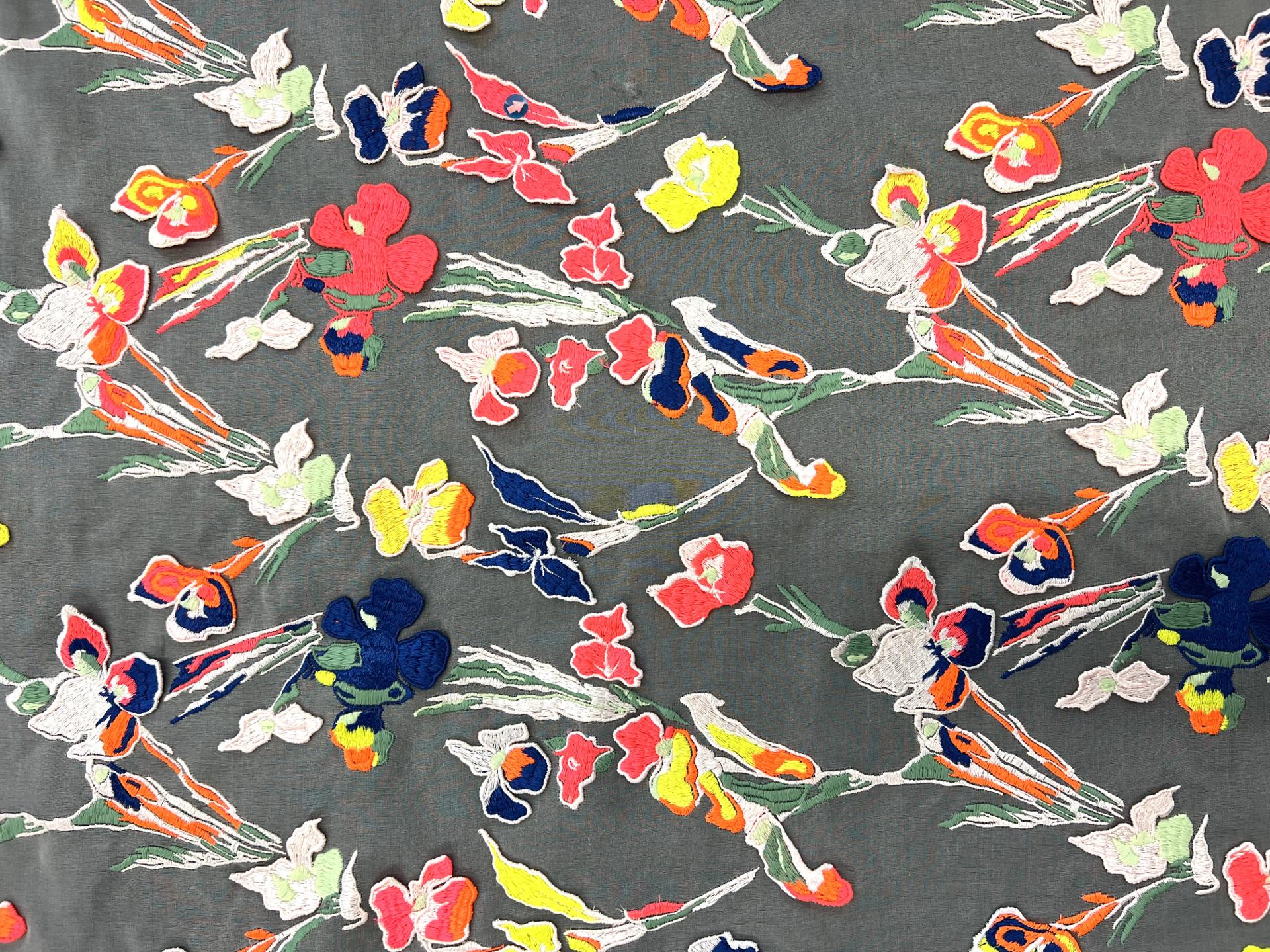 3 D Flowers Embroidered Pink Silk Organza in Multi Neon Colors