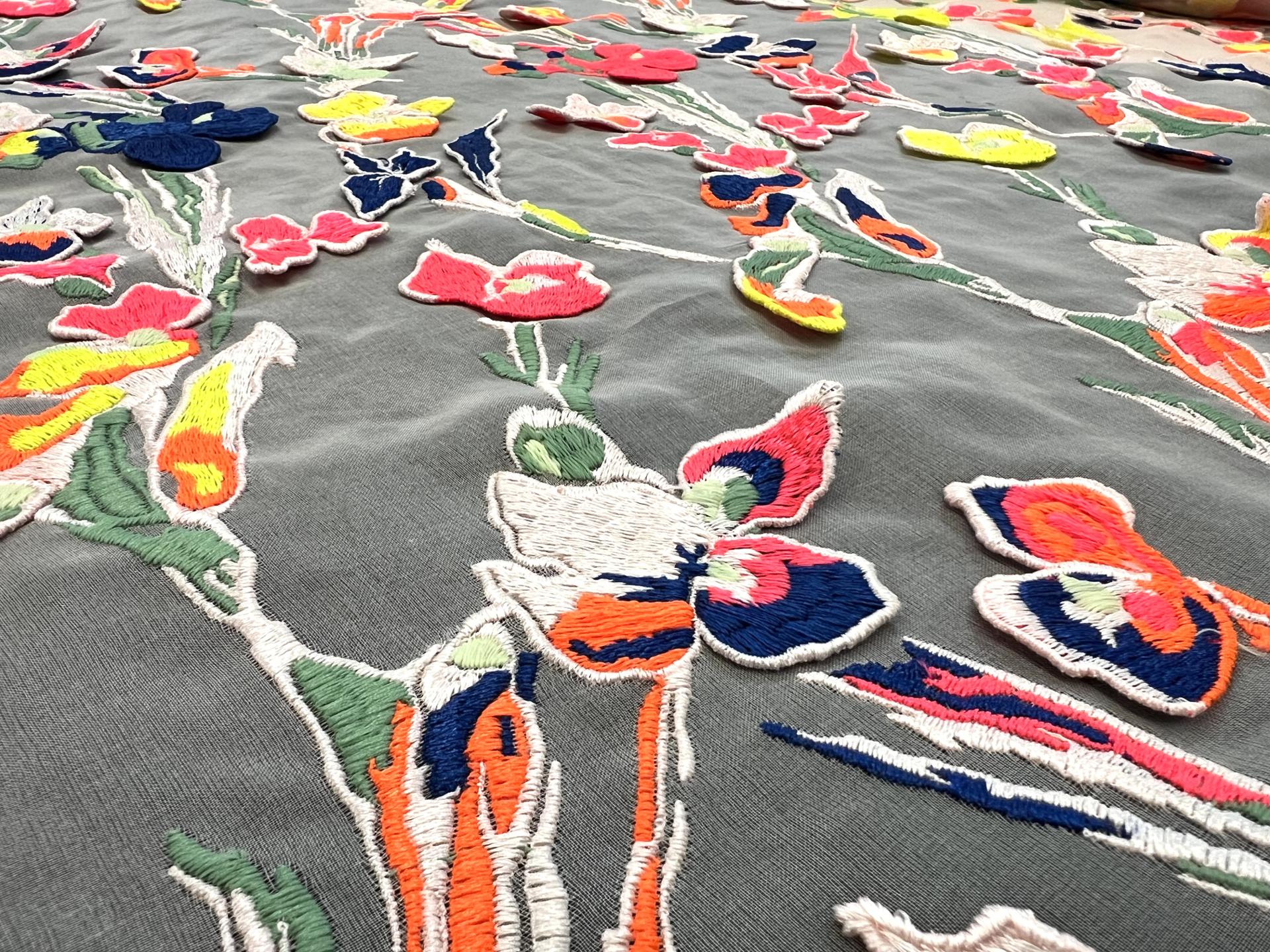 3 D Flowers Embroidered Pink Silk Organza in Multi Neon Colors