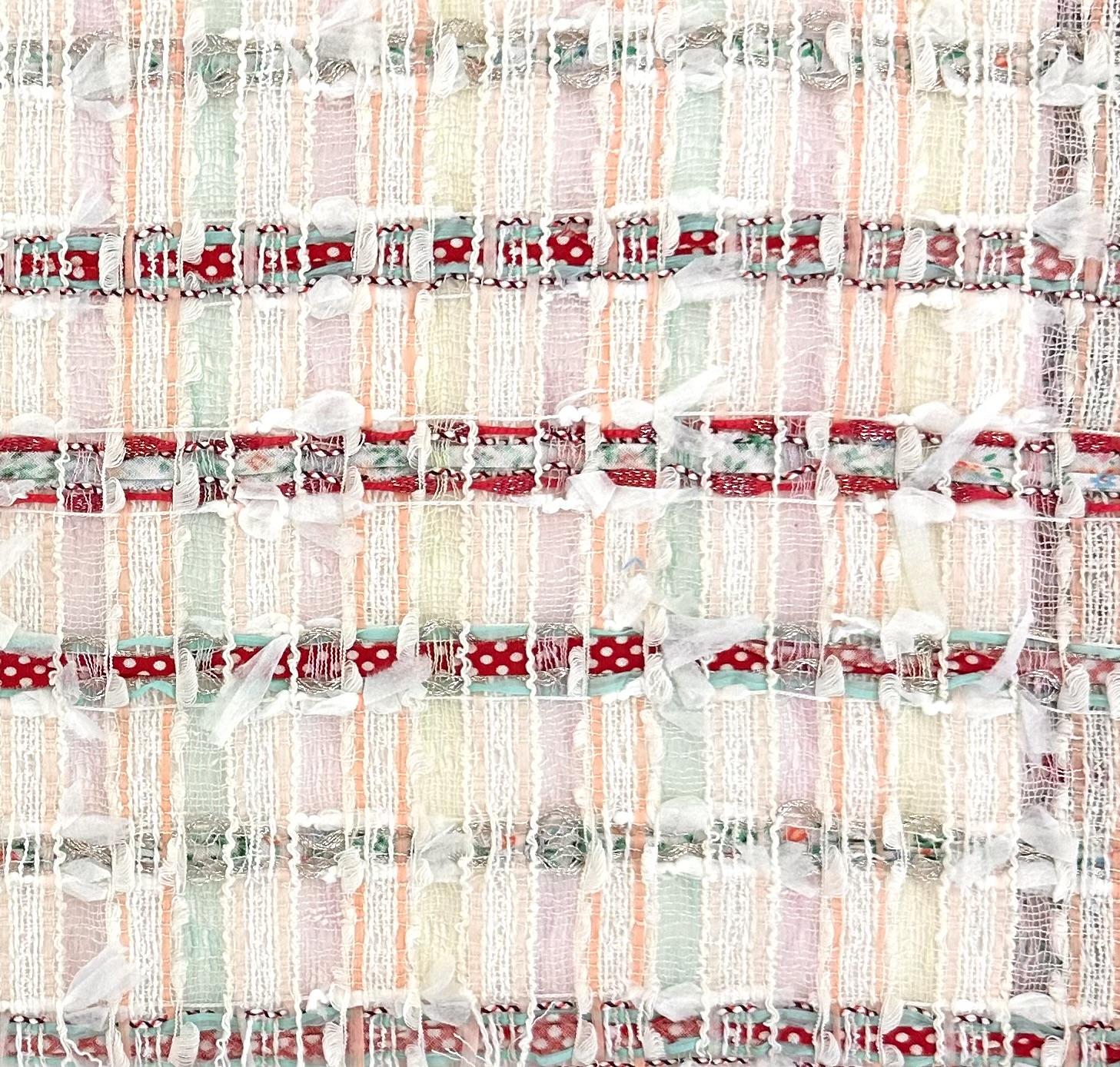 French Cotton Blend Novelty Tweed in White Aqua Watermelon 