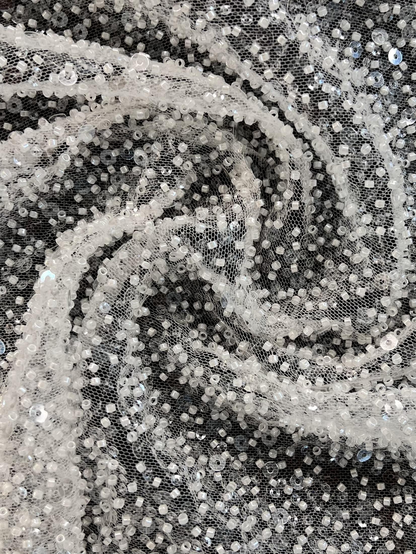 Clear Sequin with Sea Beads on Tulle in Bridal White