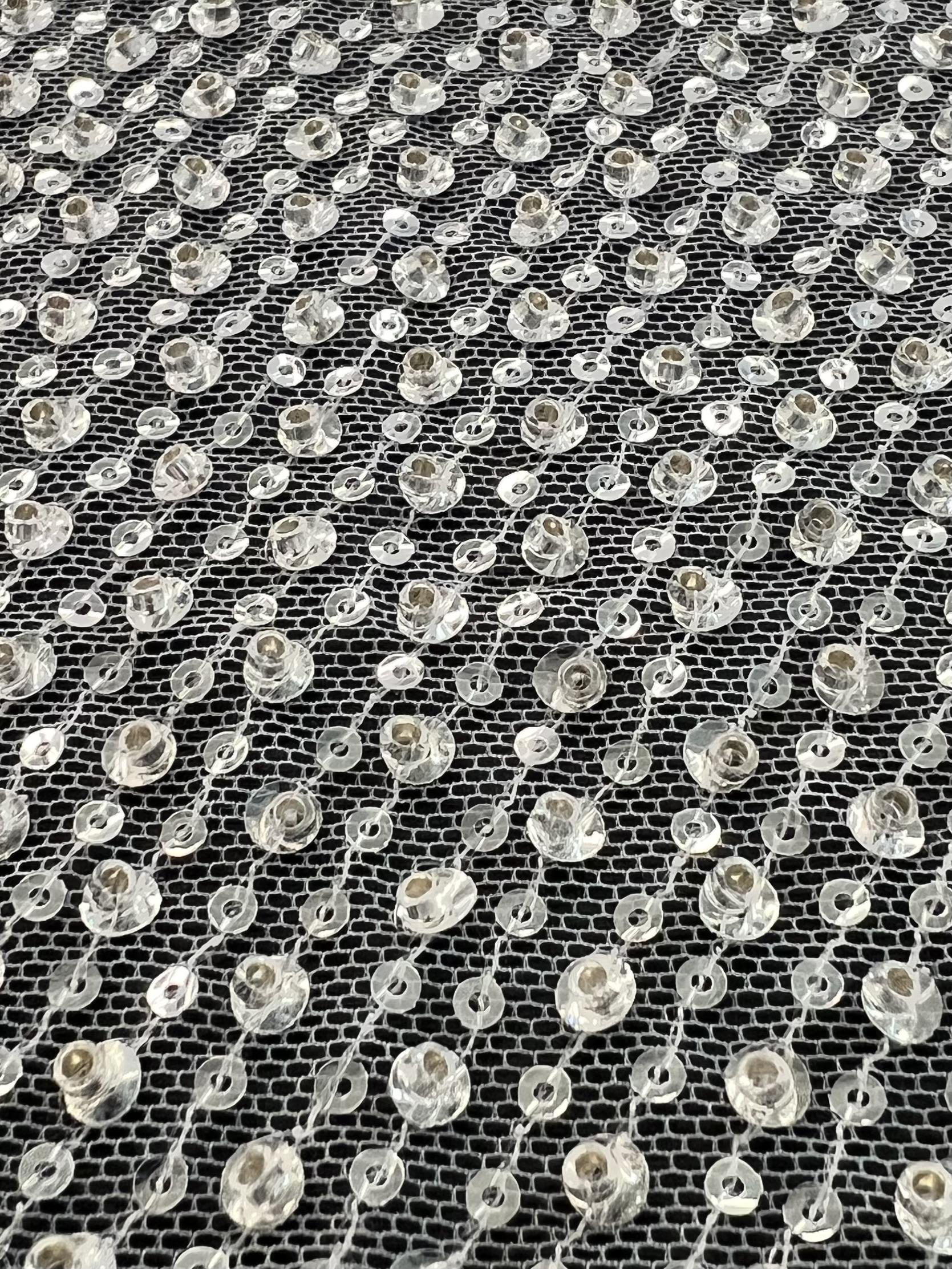 Clear Sequin/Crystal Twill on Tulle White