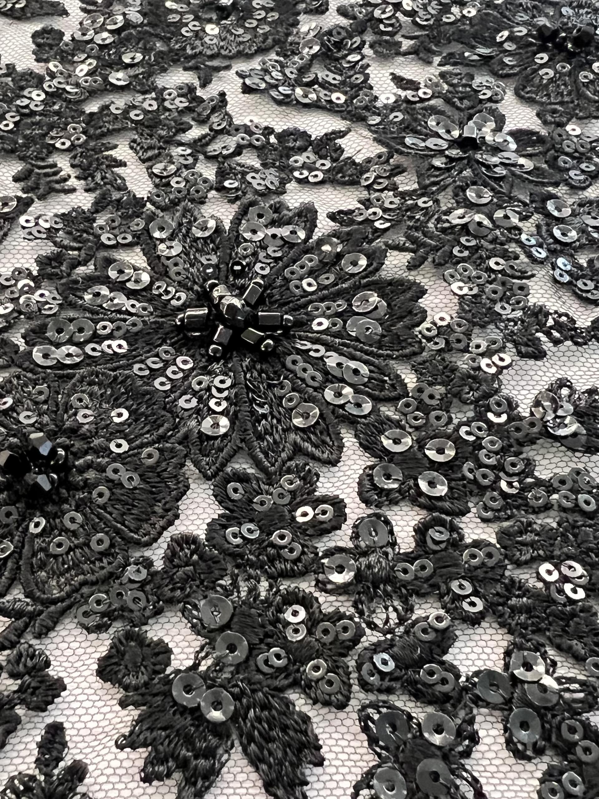 Embroidered Tulle with Micro Clear Sequin Oblong Beads and Crystal in Black