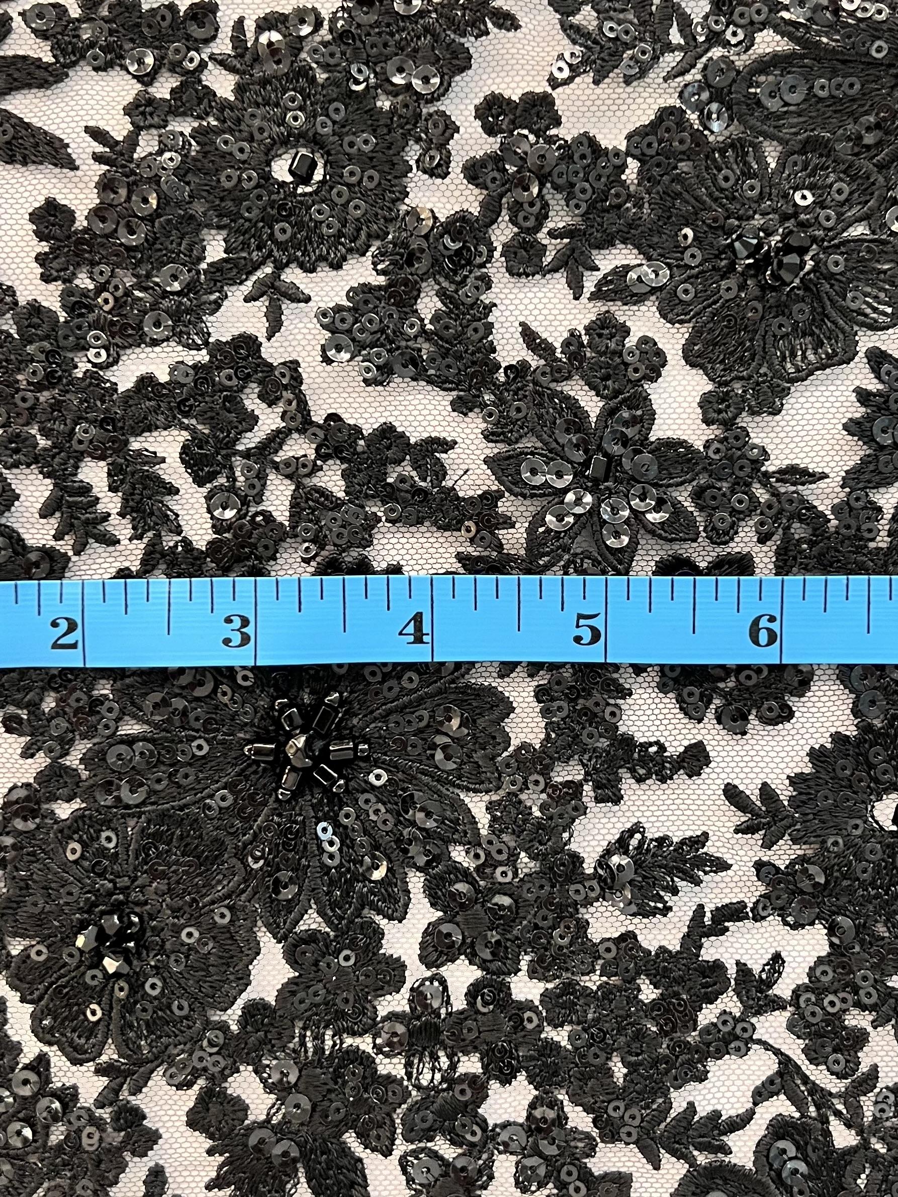 Embroidered Tulle with Micro Clear Sequin Oblong Beads and Crystal in Black