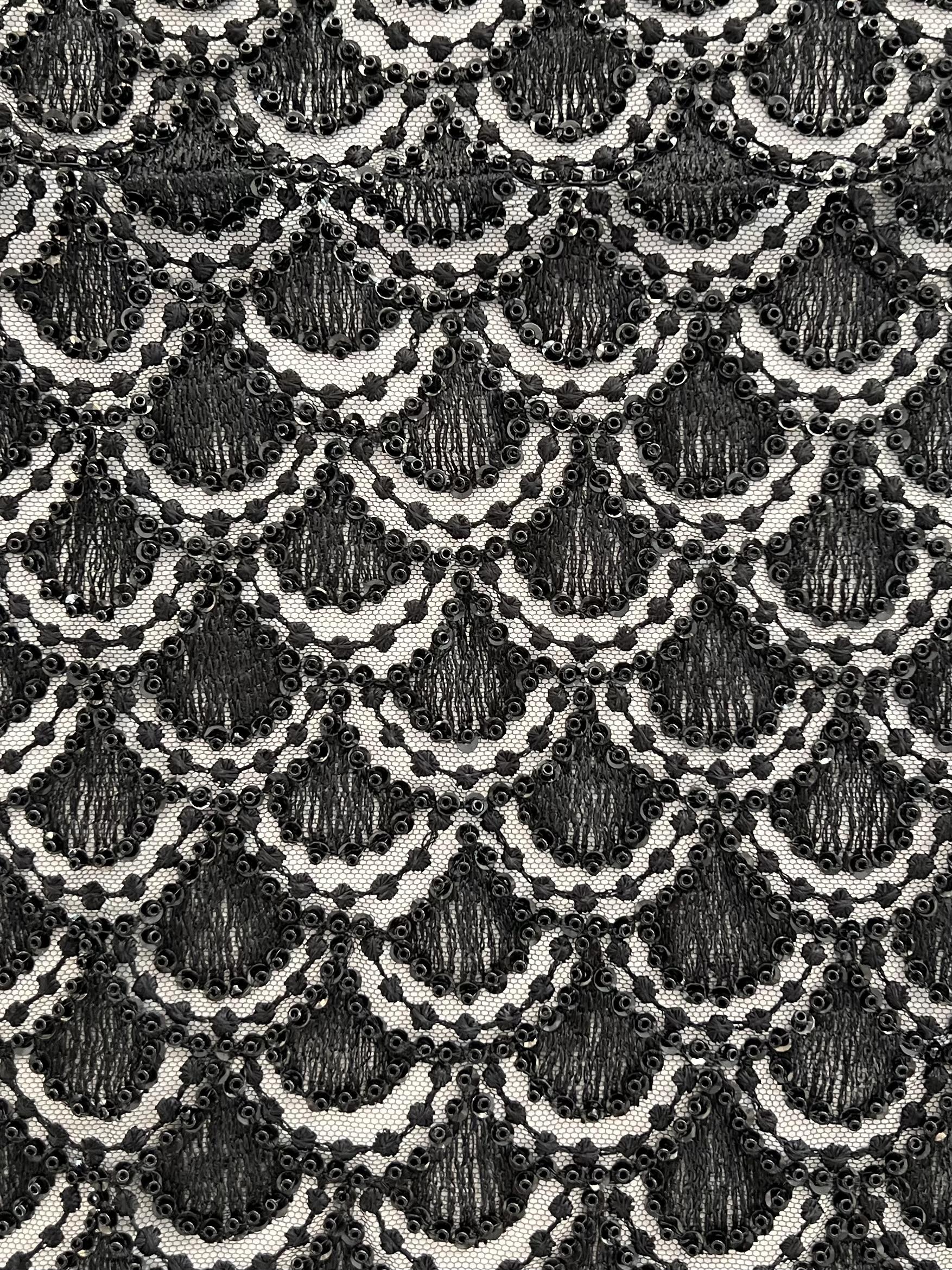 Embroidered Tulle with Sequins And Beads in Fish Scale Motif Black on Black