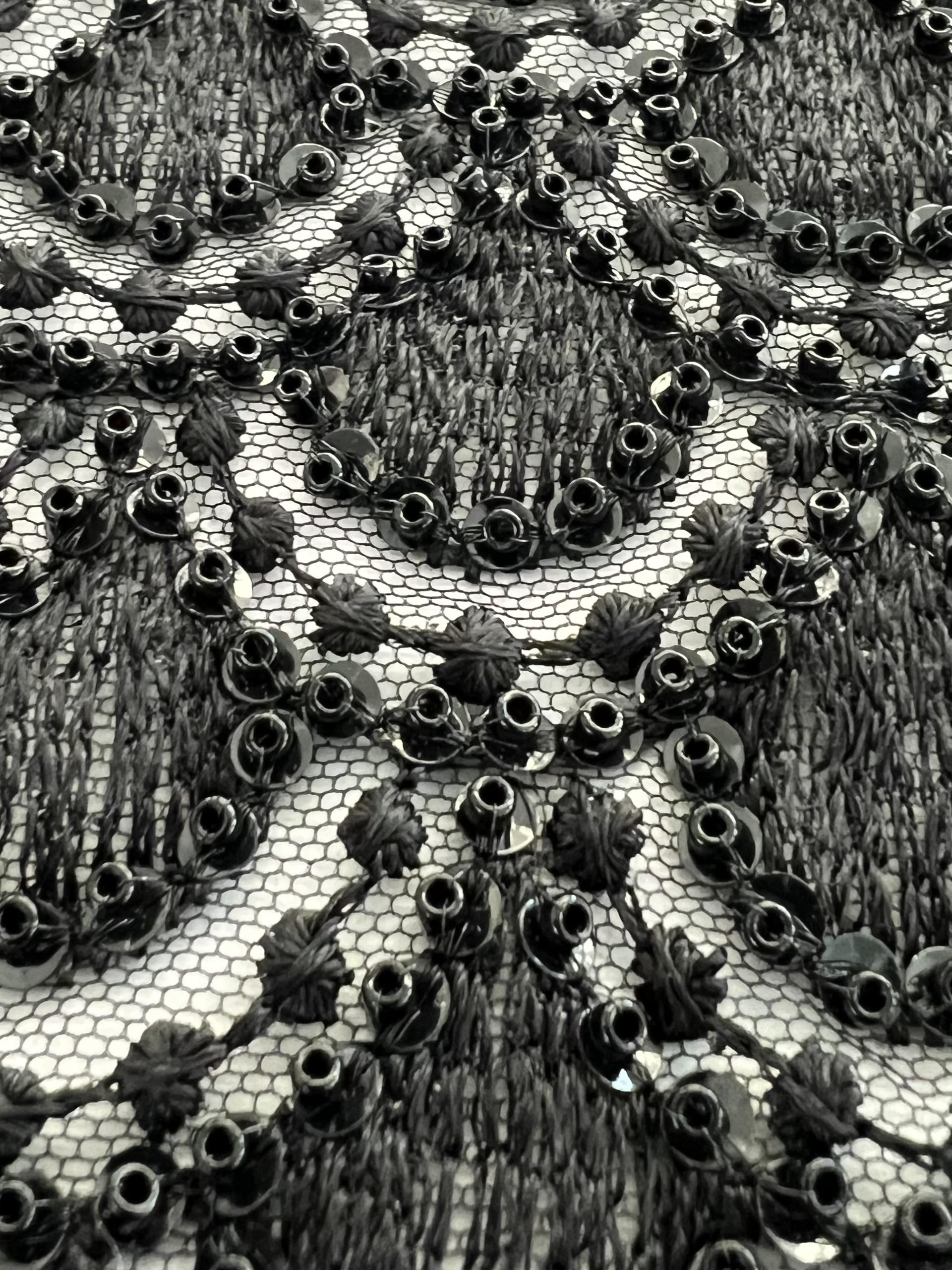 Embroidered Tulle with Sequins And Beads in Fish Scale Motif Black on Black