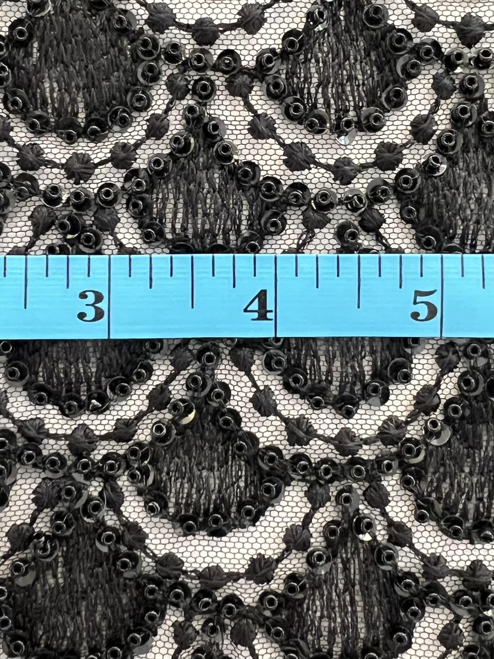 Embroidered Tulle with Sequins And Beads in Fish Scale Motif Black on Black