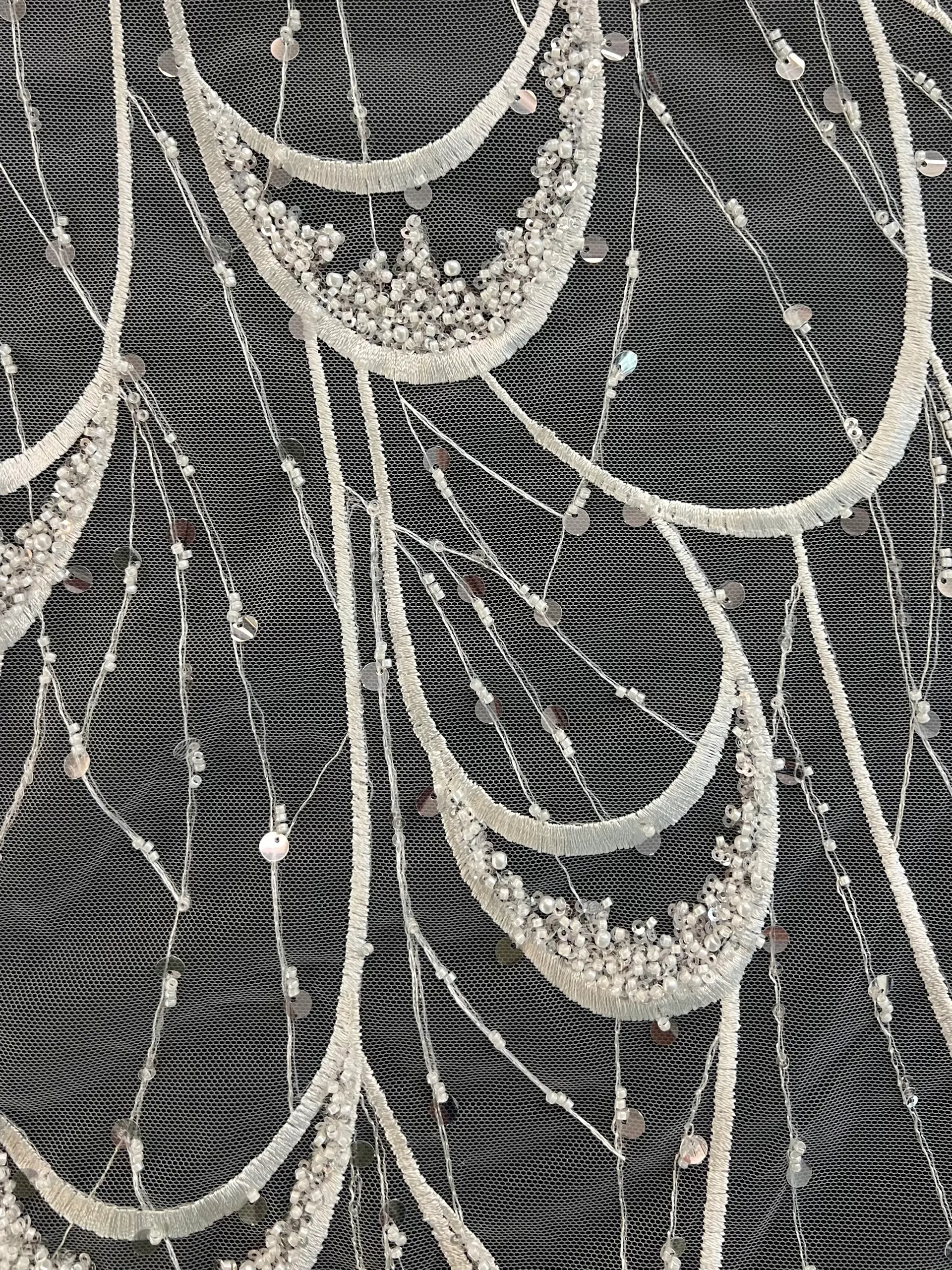 Satin Stitch Embroidered Tulle with Beads & Paillette in Clear and White