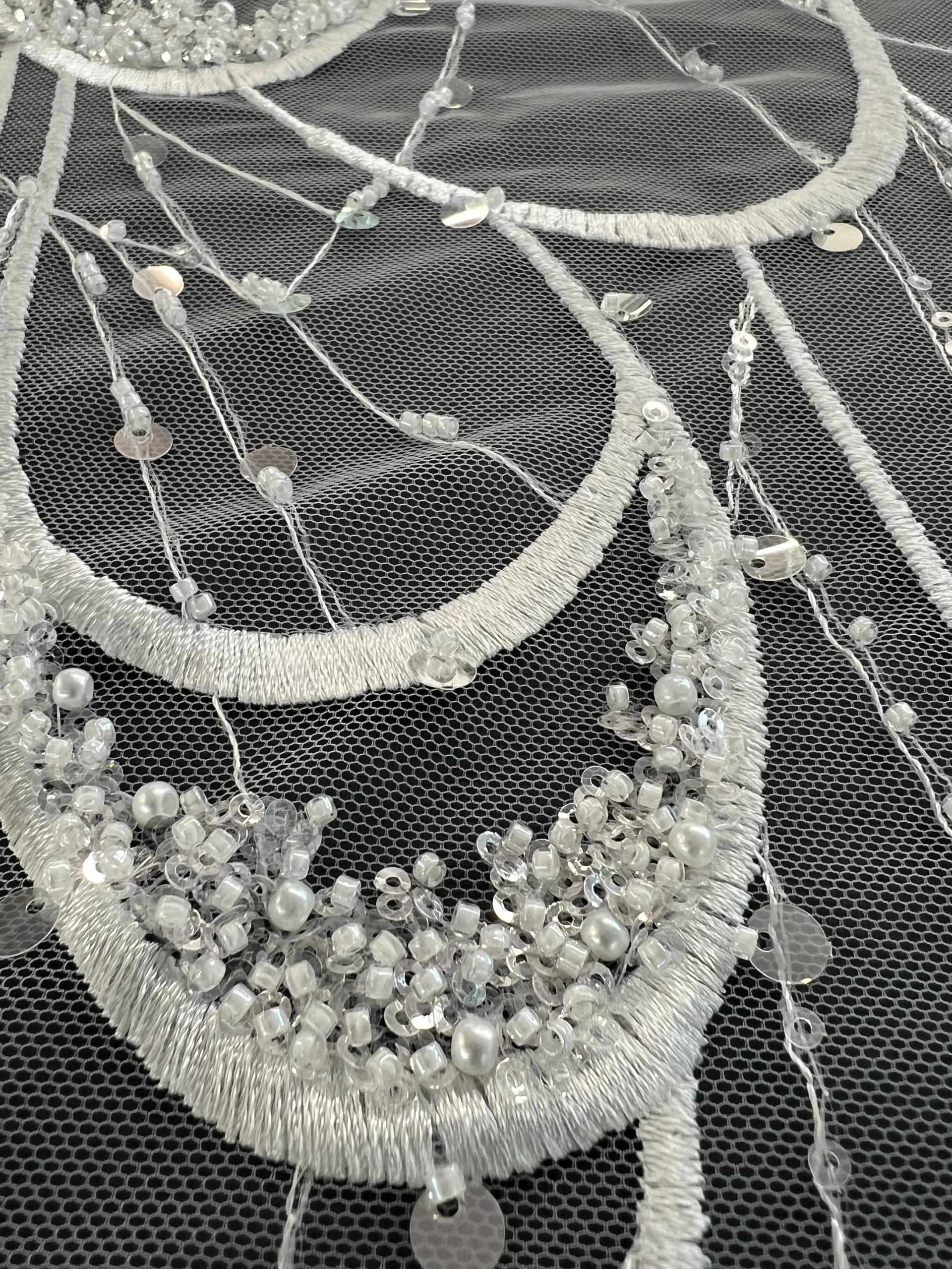 Satin Stitch Embroidered Tulle with Beads & Paillette in Clear and White