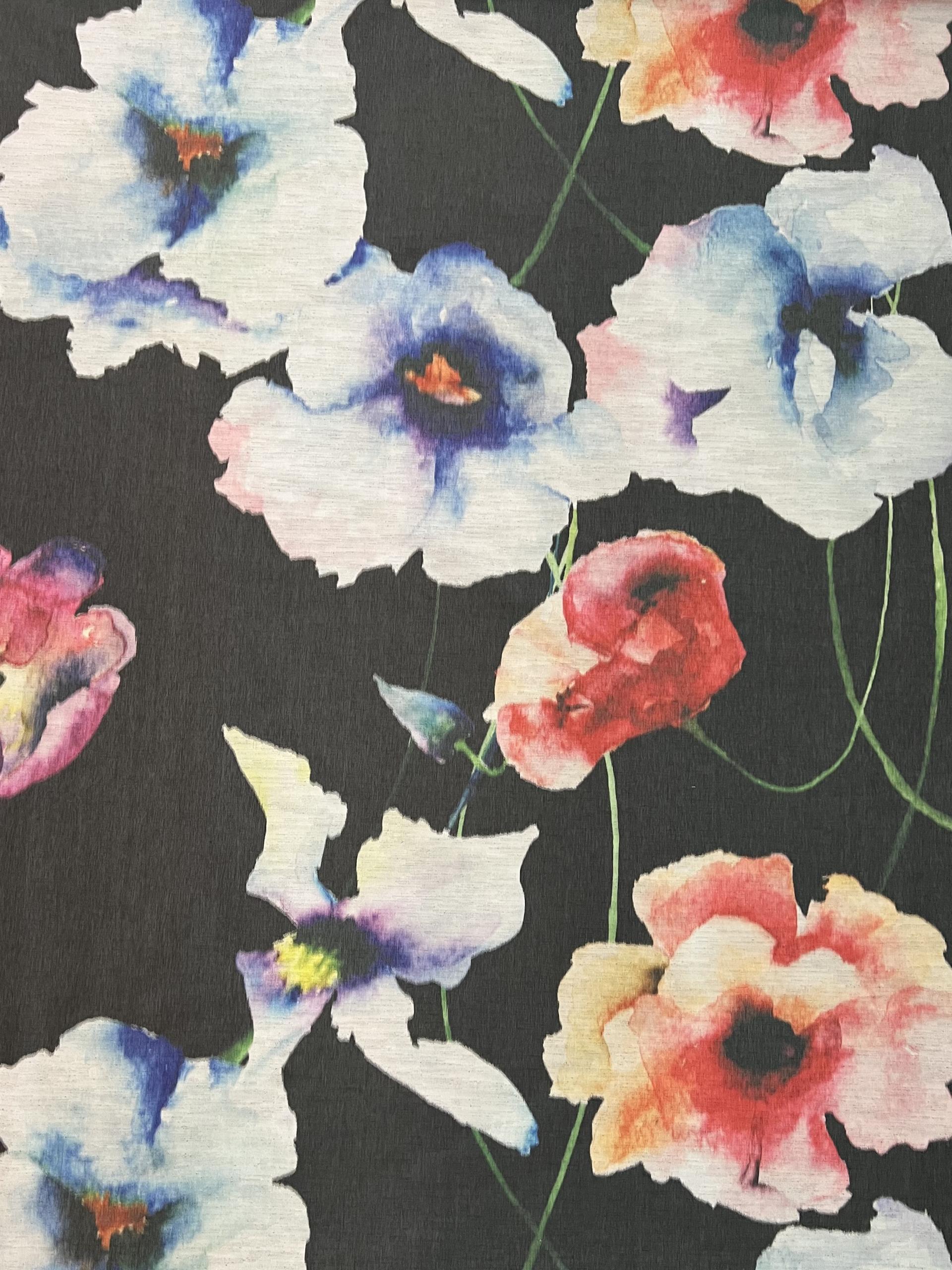 Textured Polyester Taffeta Oversized Floral Warp Print on Charcoal Ground