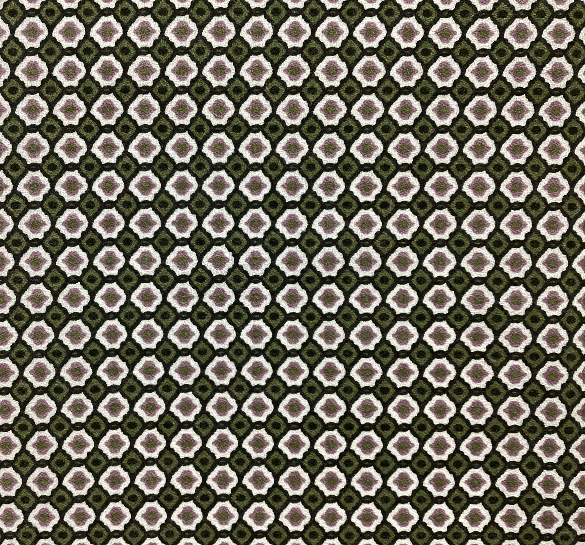 Italian Printed Viscose Challis Crepe Geometric Pattern In Olive Green Ground