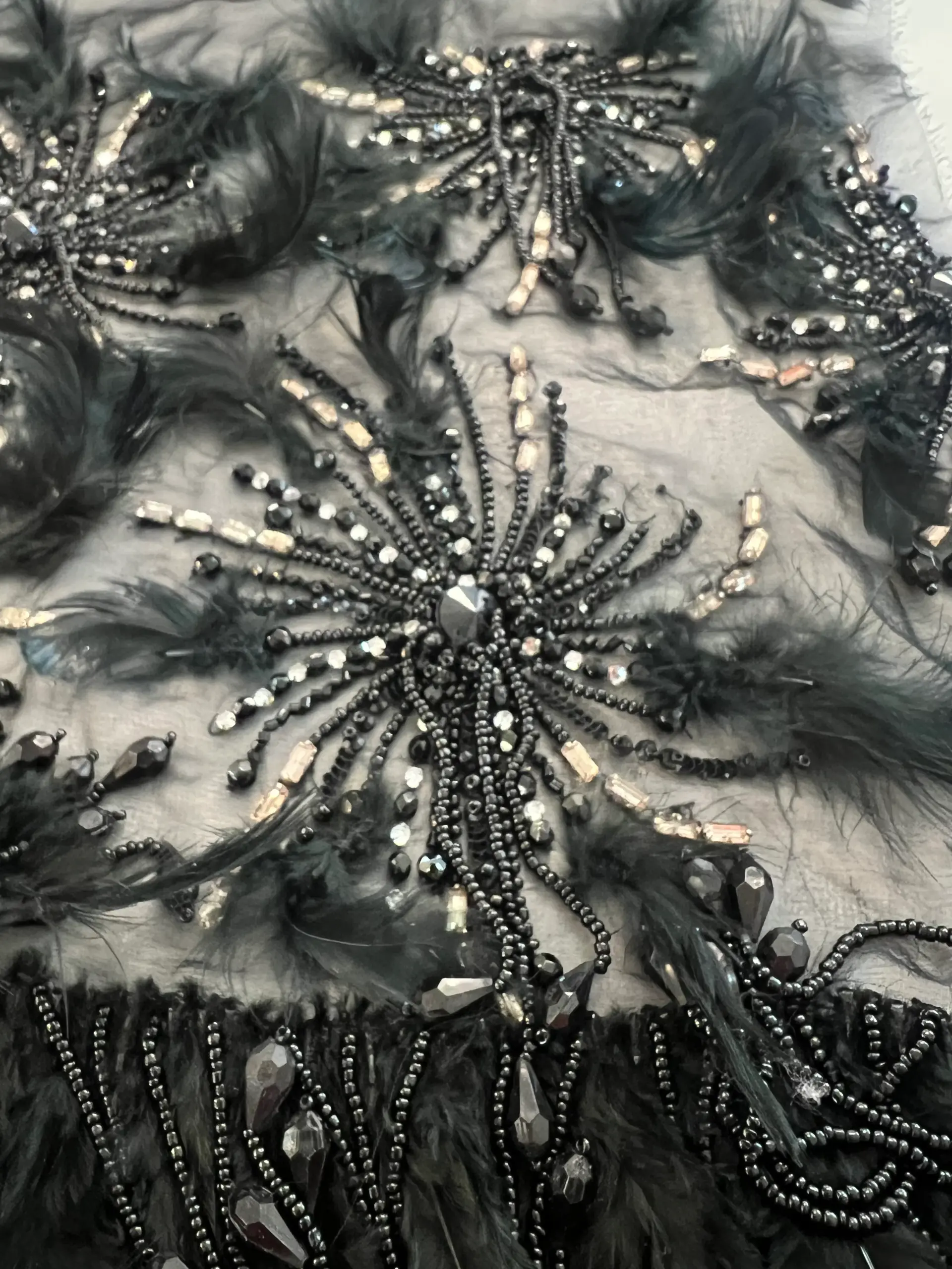 Couture Novelty of Black Silk Chiffon with Crystal, Beads and Feathers