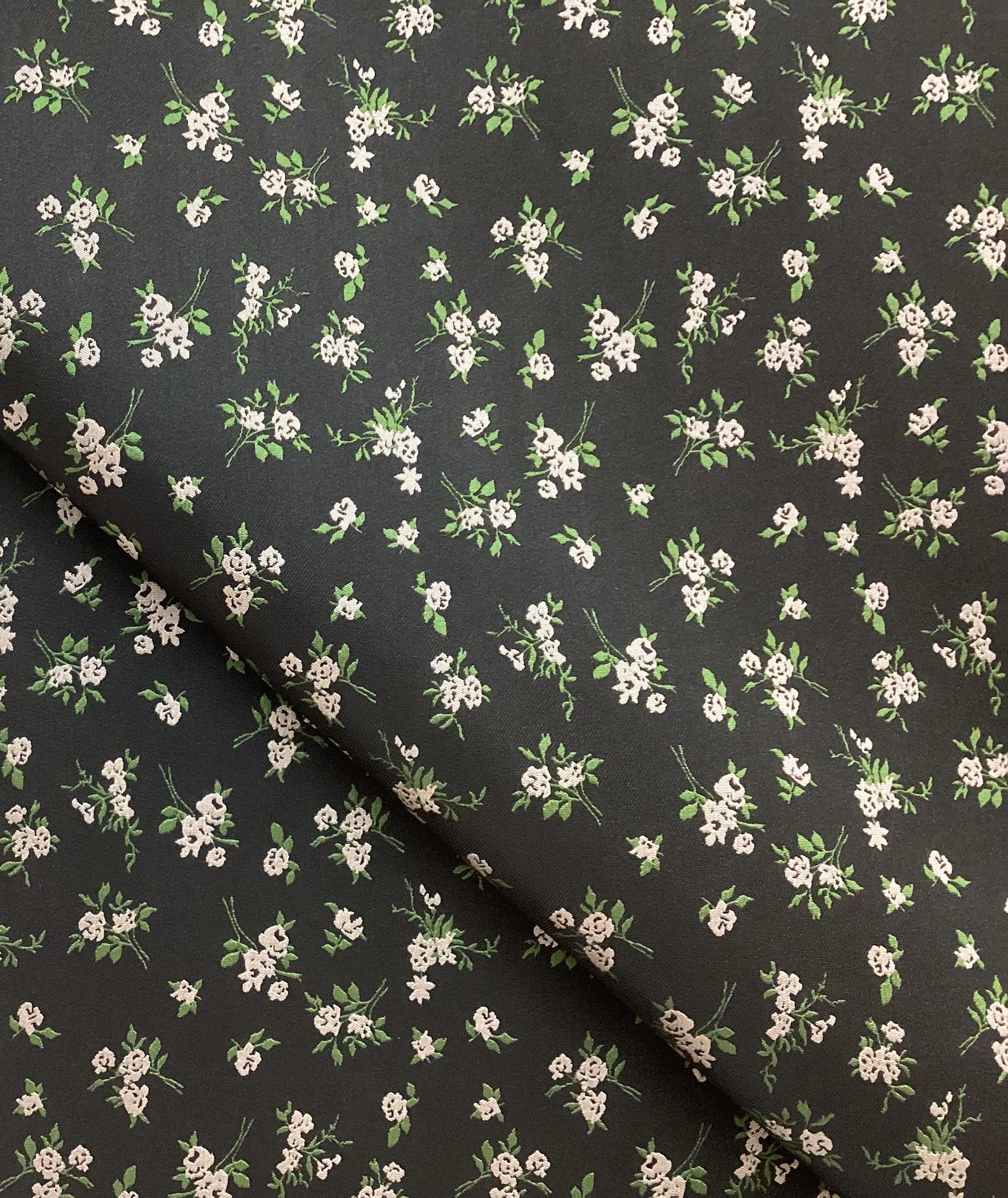 Silk Blend Floral Jacquard In Black Ground With Pink Flowers