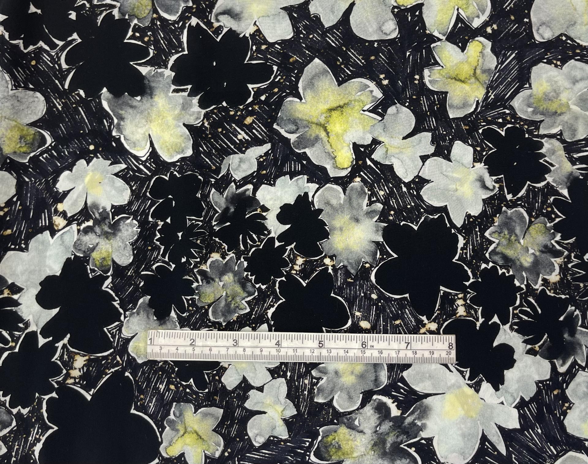 100% Silk Crepe De Chine Floral Print In Light Grey/Yellow On Black
