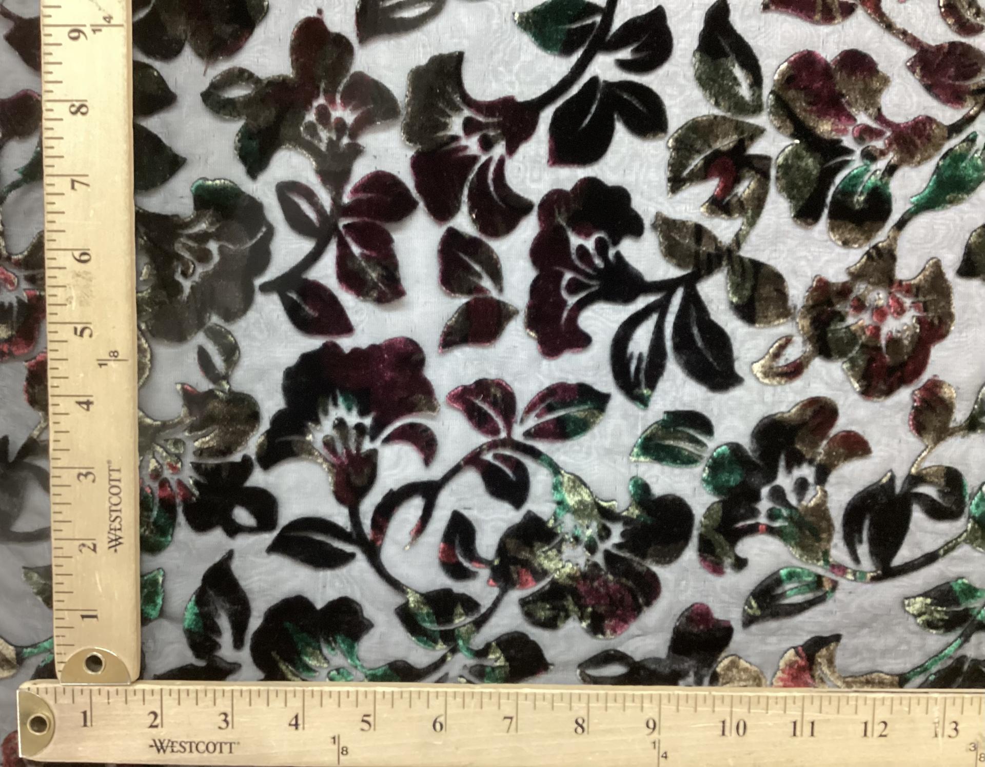 Silk & Rayon Multi Jewel Tone Burn Out Velvet On Black Silk Chiffon 