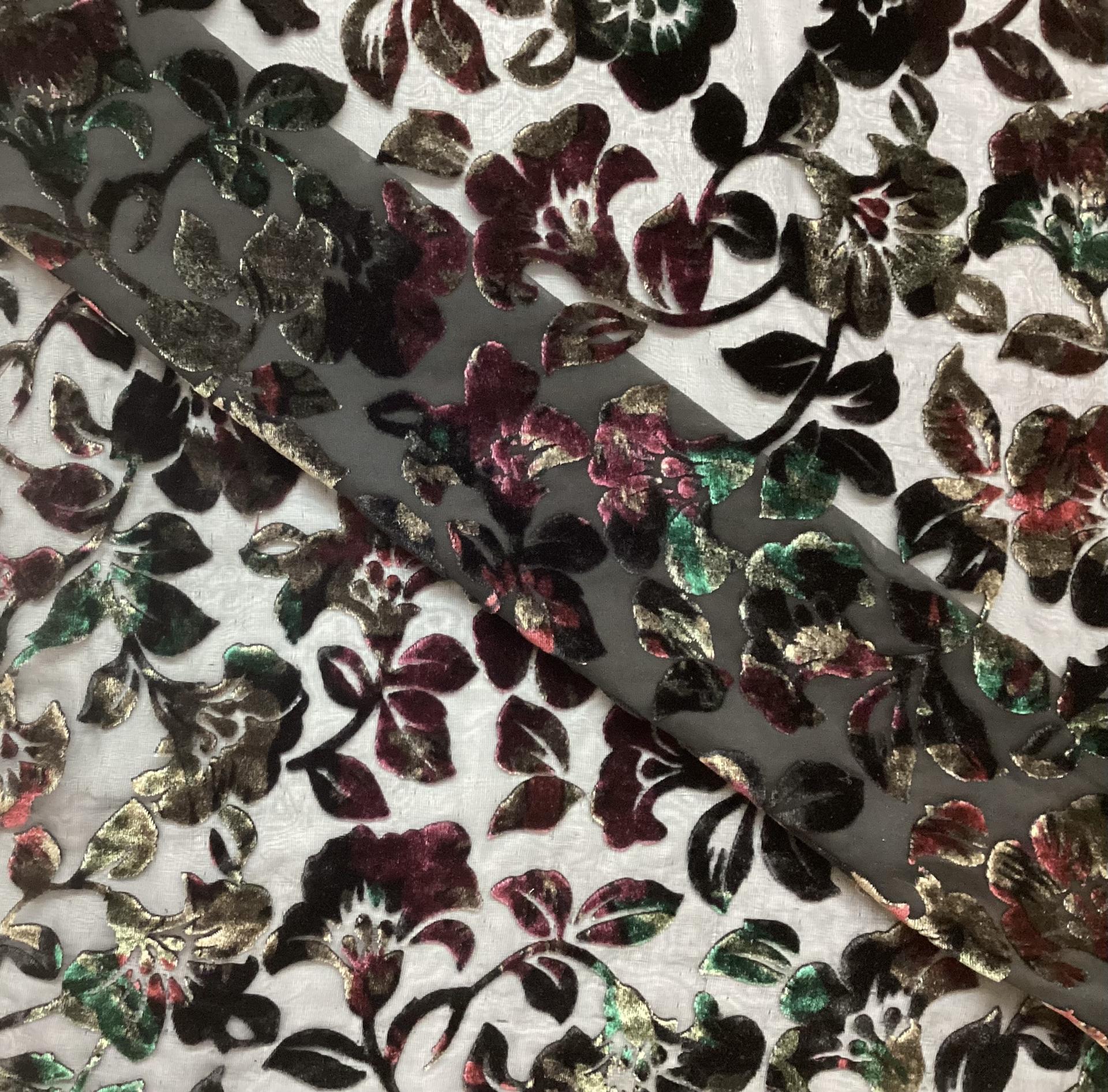 Silk & Rayon Multi Jewel Tone Burn Out Velvet On Black Silk Chiffon 