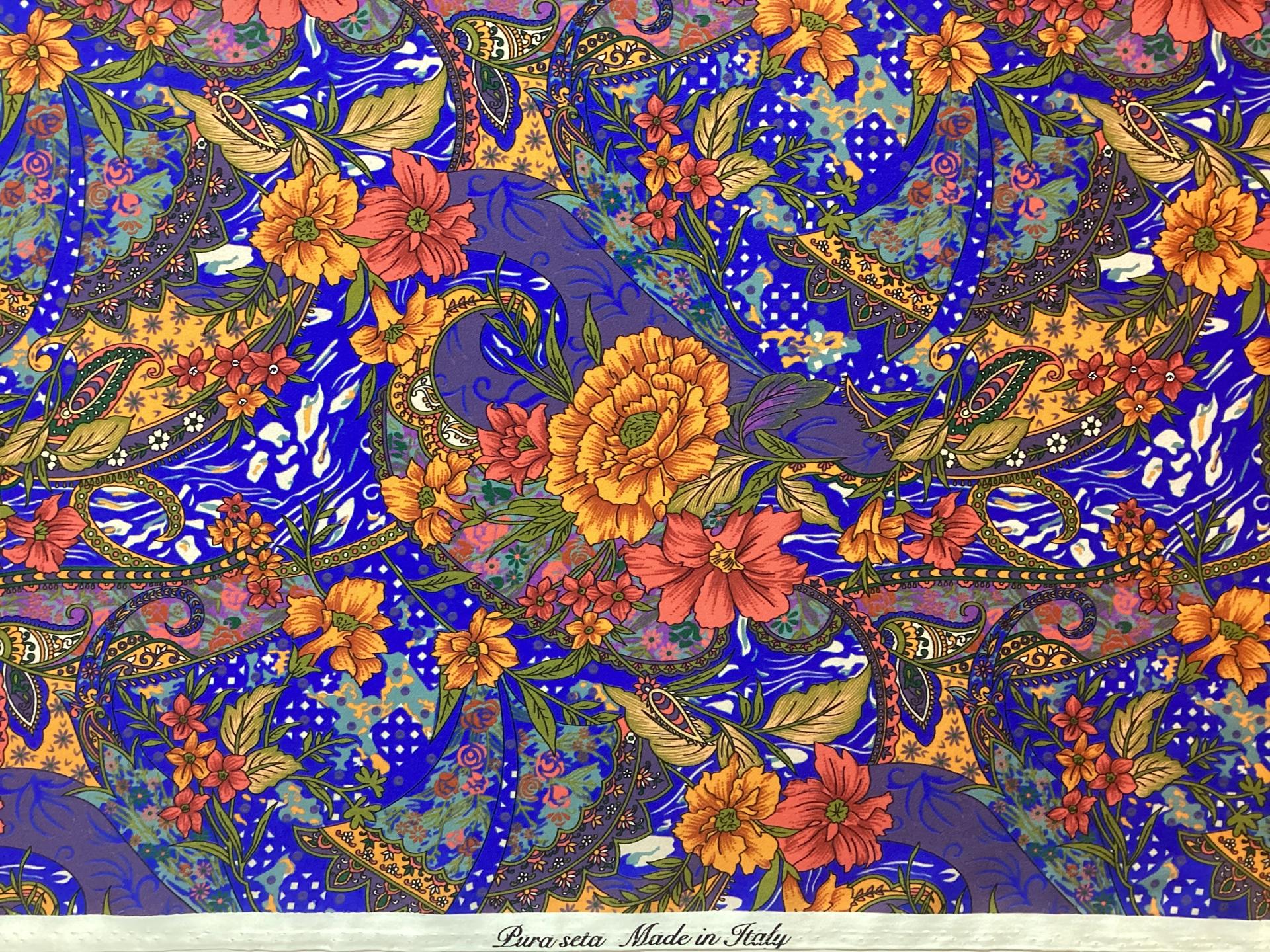 Made In Italy Silk Printed Stretch Charmeuse Floral Pattern In Jewel Tones