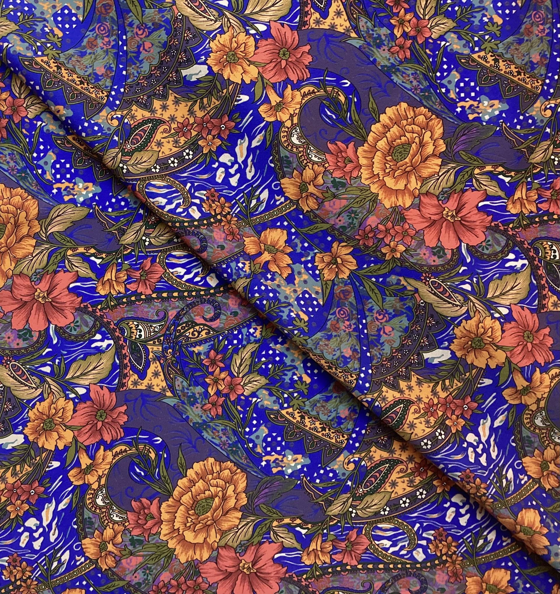 Made In Italy Silk Printed Stretch Charmeuse Floral Pattern In Jewel Tones